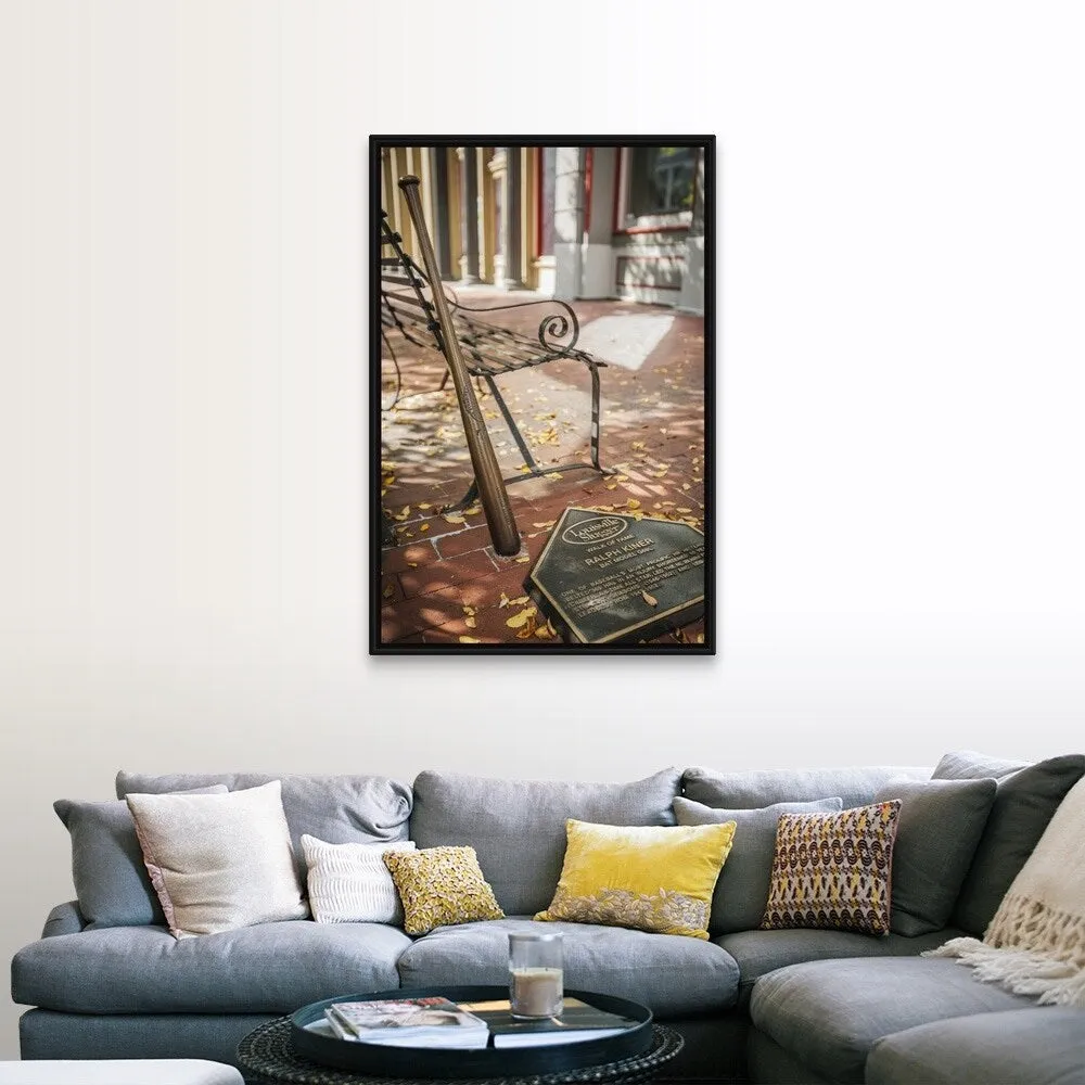 "Bench and bronze baseball bat" Black Float Frame Canvas Art