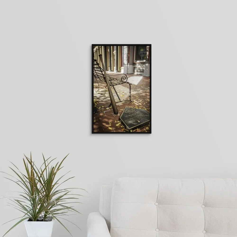 "Bench and bronze baseball bat" Black Float Frame Canvas Art