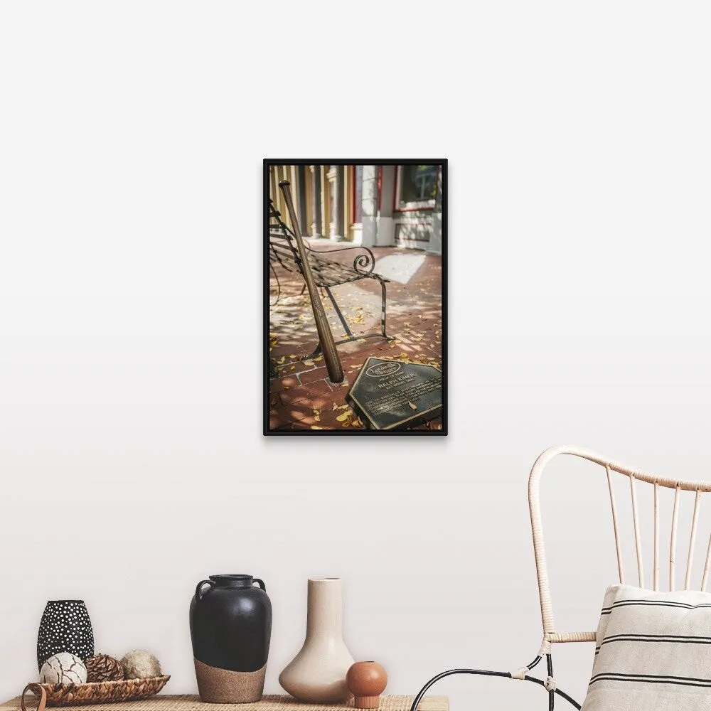 "Bench and bronze baseball bat" Black Float Frame Canvas Art
