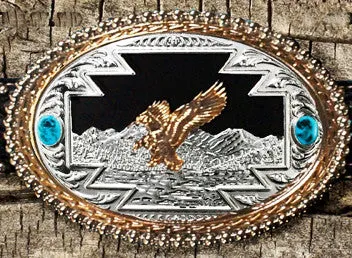 "Eagle" Western Silver, Gold & Turquoise Belt Buckle