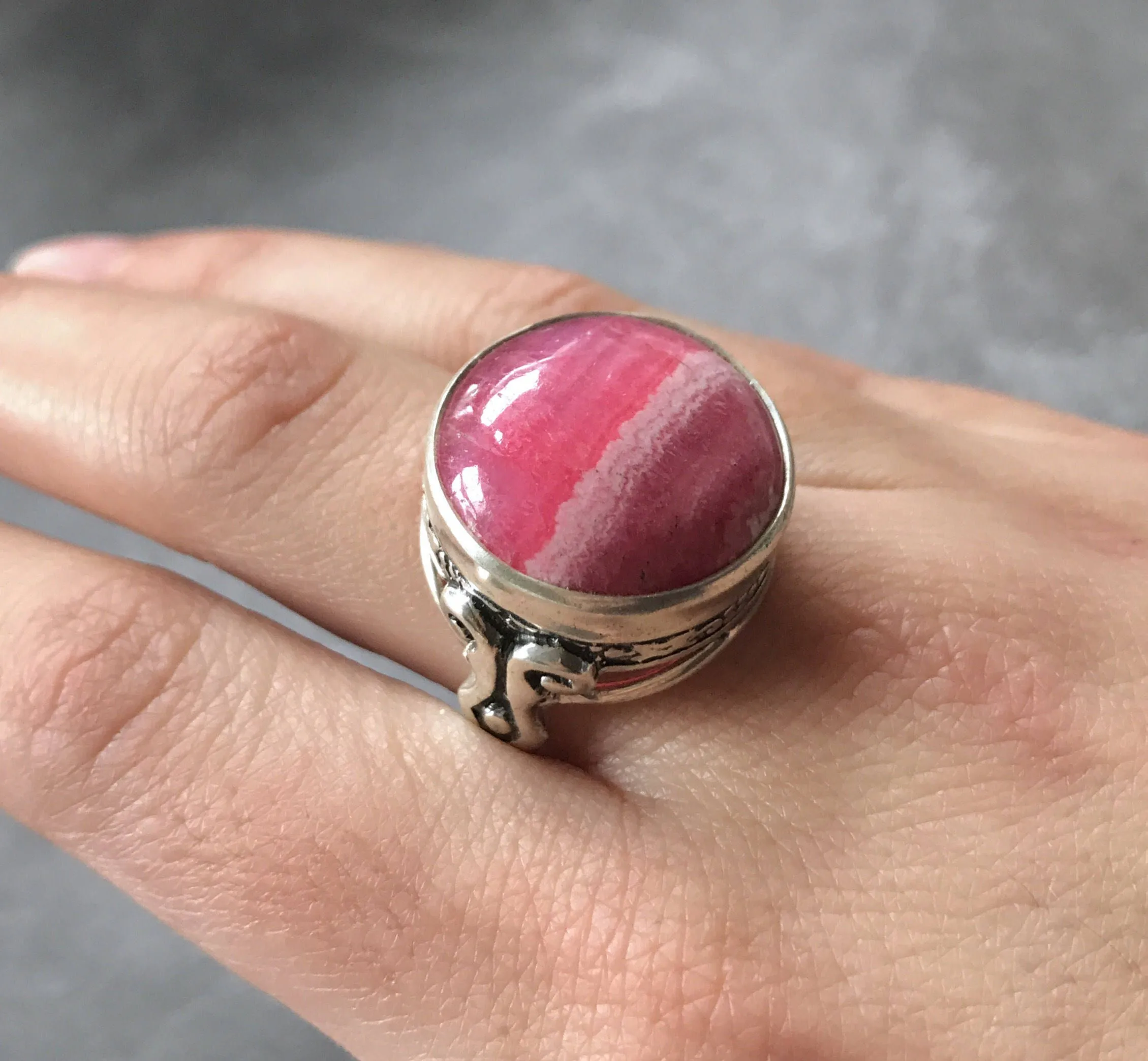 Rhodochrosite Ring - Large Pink Ring - Vintage Cocktail Ring