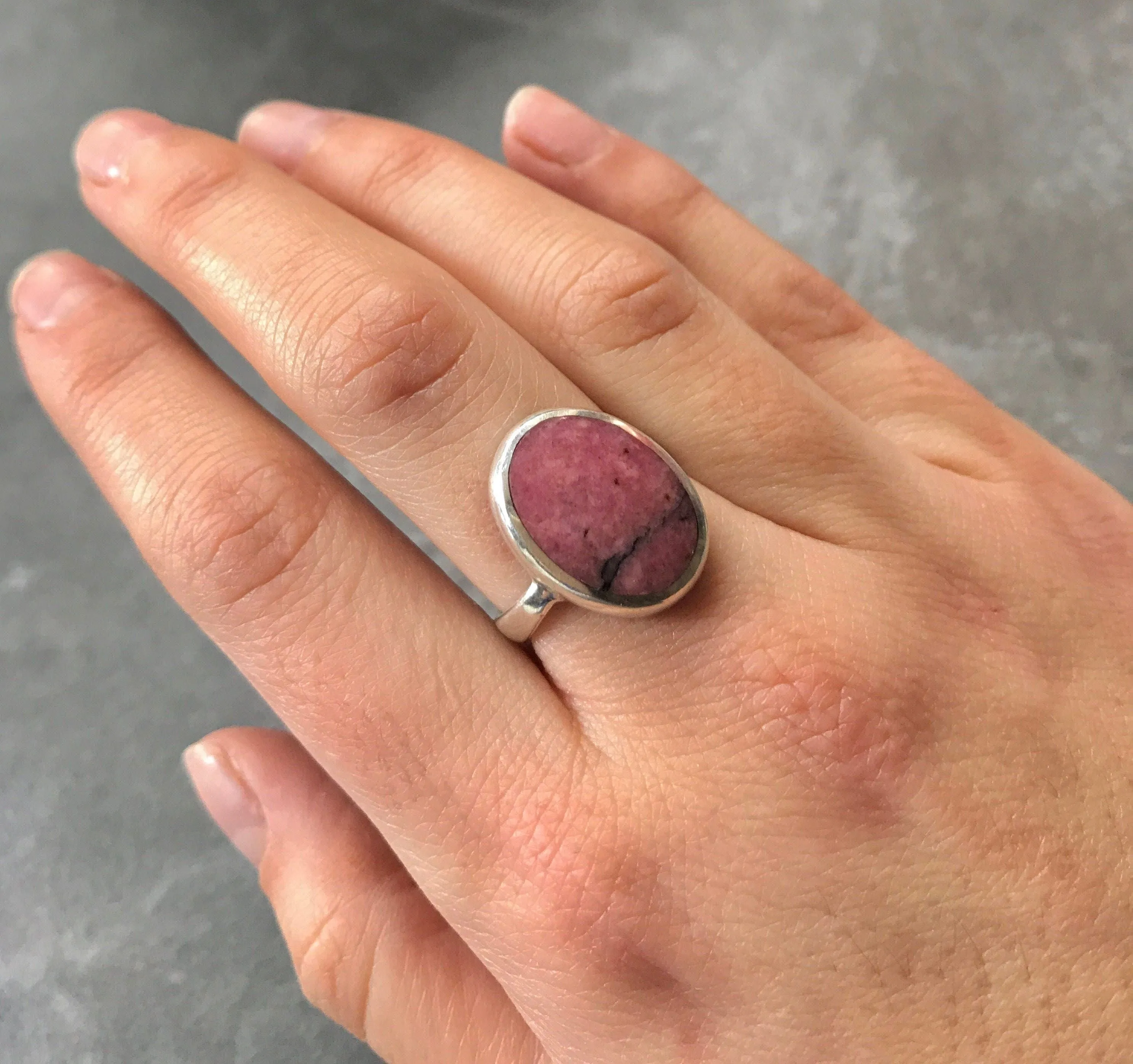 Rhodochrosite Ring - Pink Statement Ring - Large Oval Ring