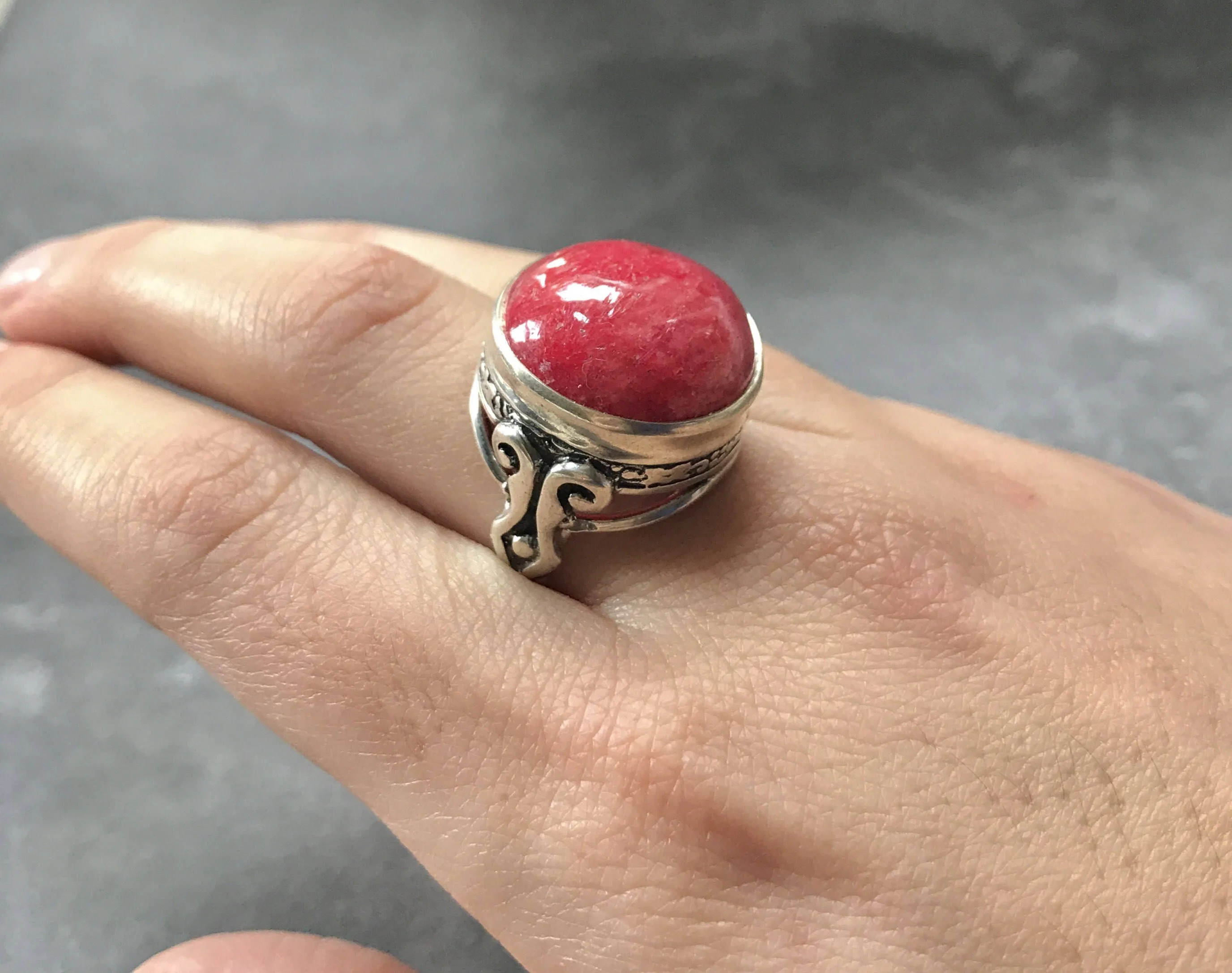 Rhodochrosite Ring - Vintage Rhodochrosite Ring - Round Statement Ring