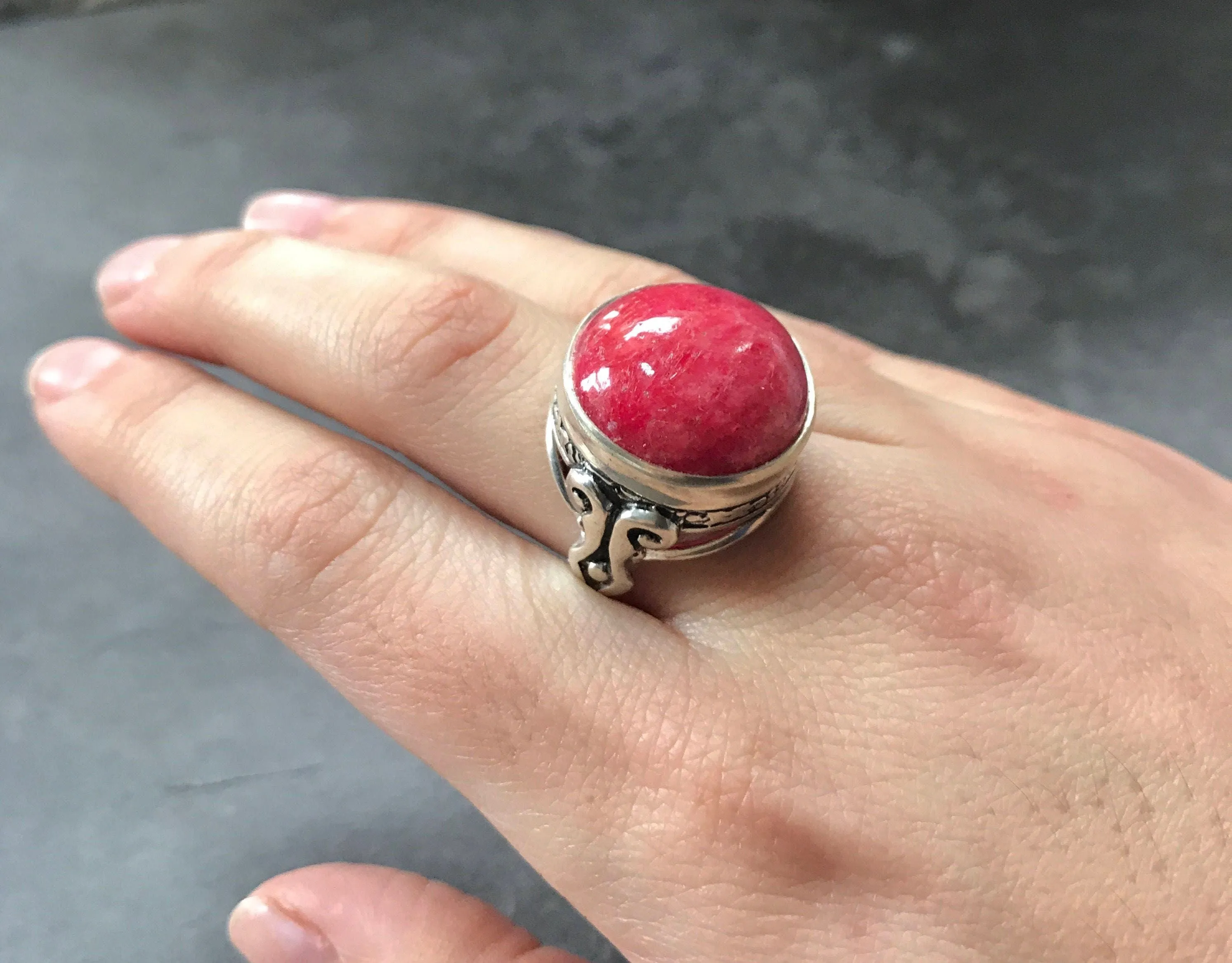 Rhodochrosite Ring - Vintage Rhodochrosite Ring - Round Statement Ring