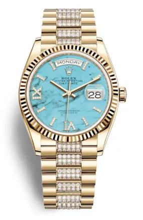 Rolex Day-Date 36 Turquoise Dial 18kt Yellow Gold Diamond-Set President Watch 128238TQRSDDP