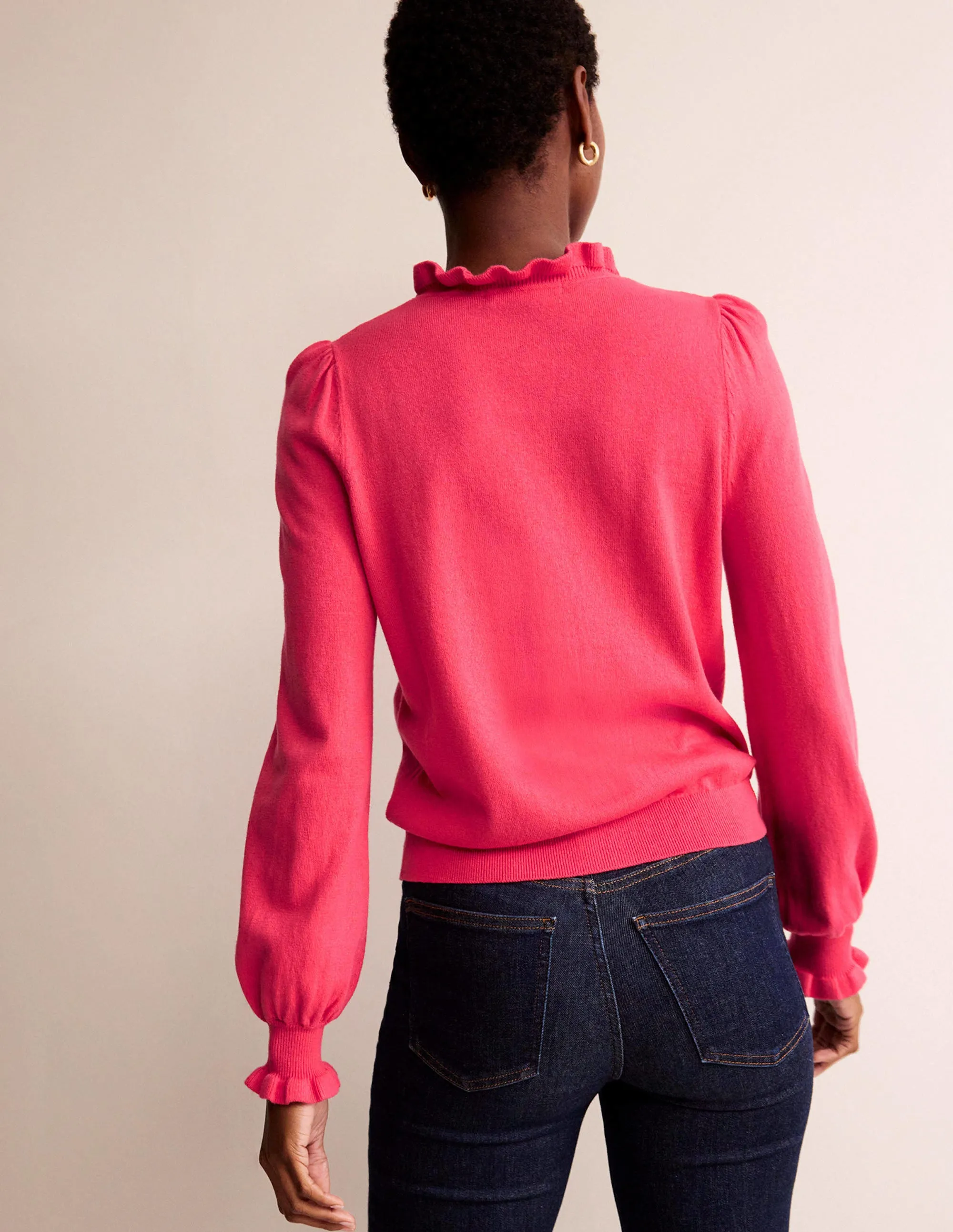 Ruffle-Neck Cardigan-Raspberry