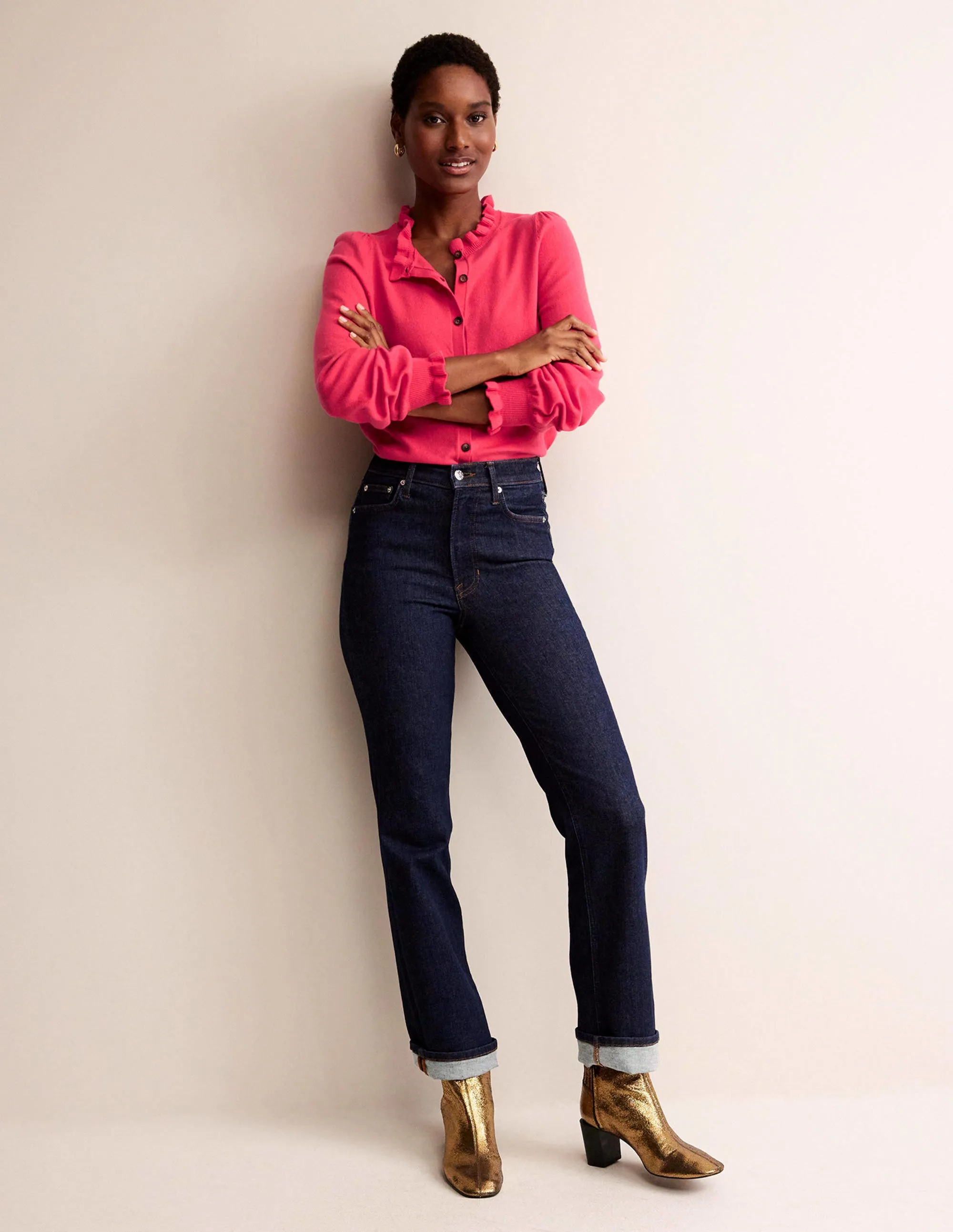 Ruffle-Neck Cardigan-Raspberry