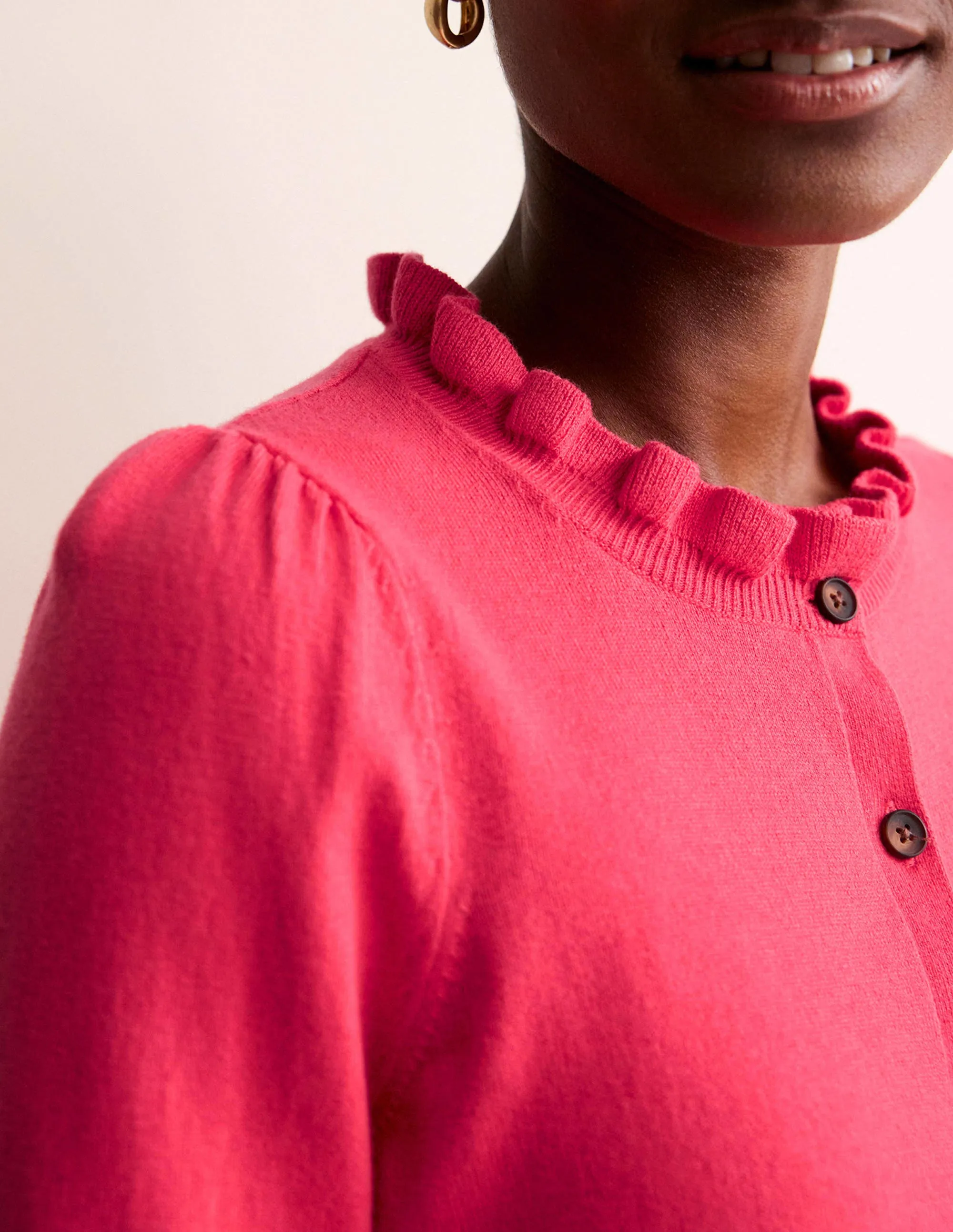 Ruffle-Neck Cardigan-Raspberry