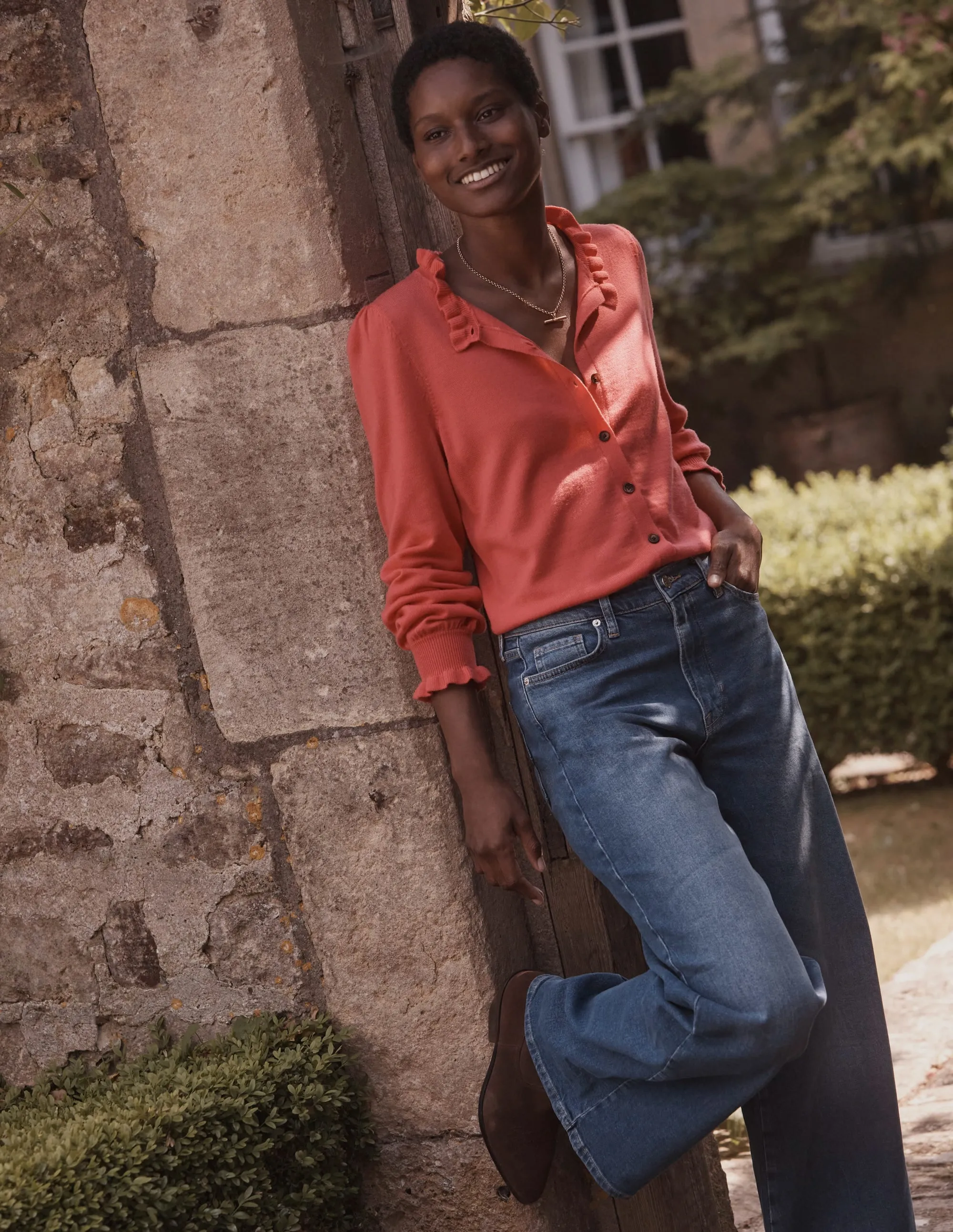 Ruffle-Neck Cardigan-Raspberry