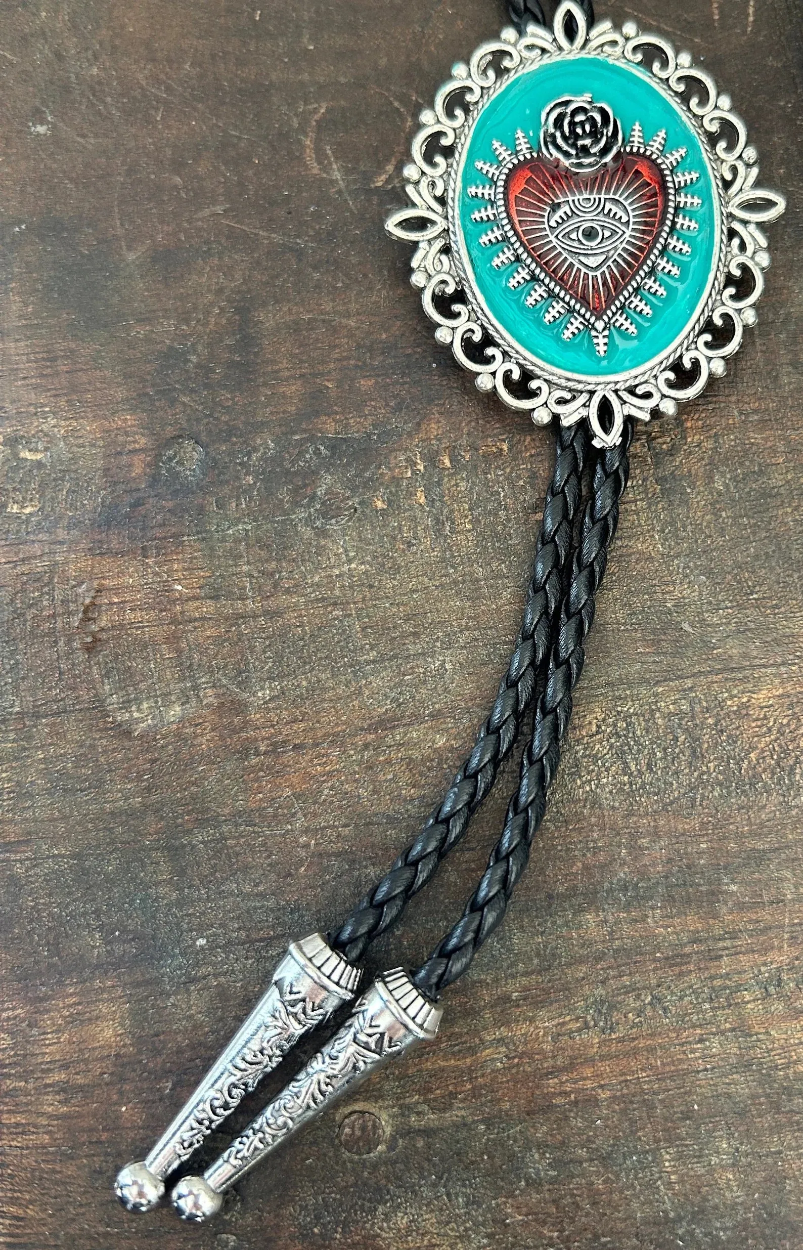 Sacred Heart on turquoise Rose Bolo Tie