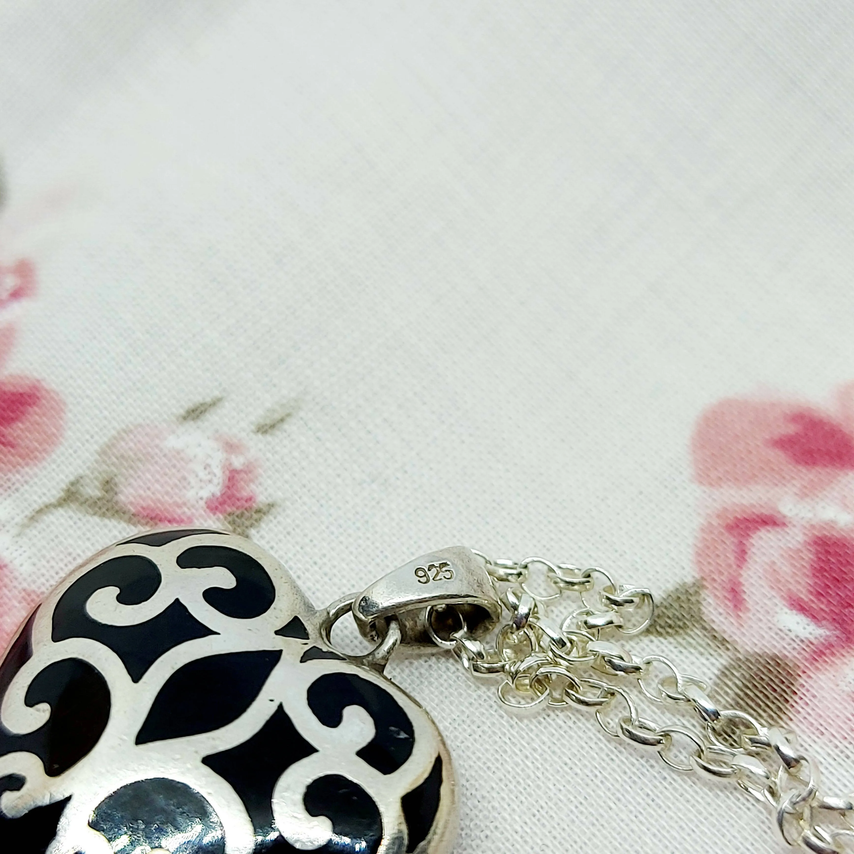 Silver & Black Enamel Decorative Heart Pendant & Chain