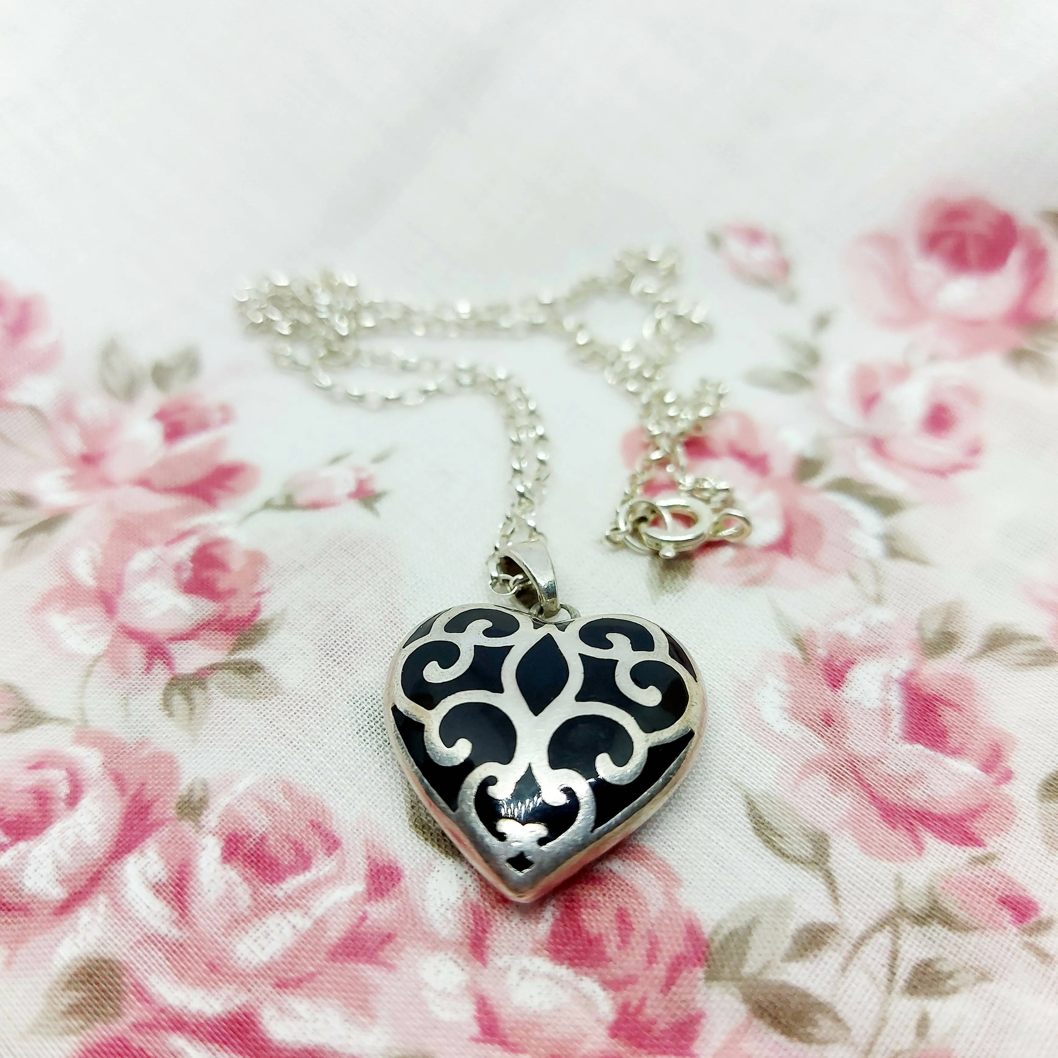 Silver & Black Enamel Decorative Heart Pendant & Chain