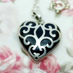 Silver & Black Enamel Decorative Heart Pendant & Chain