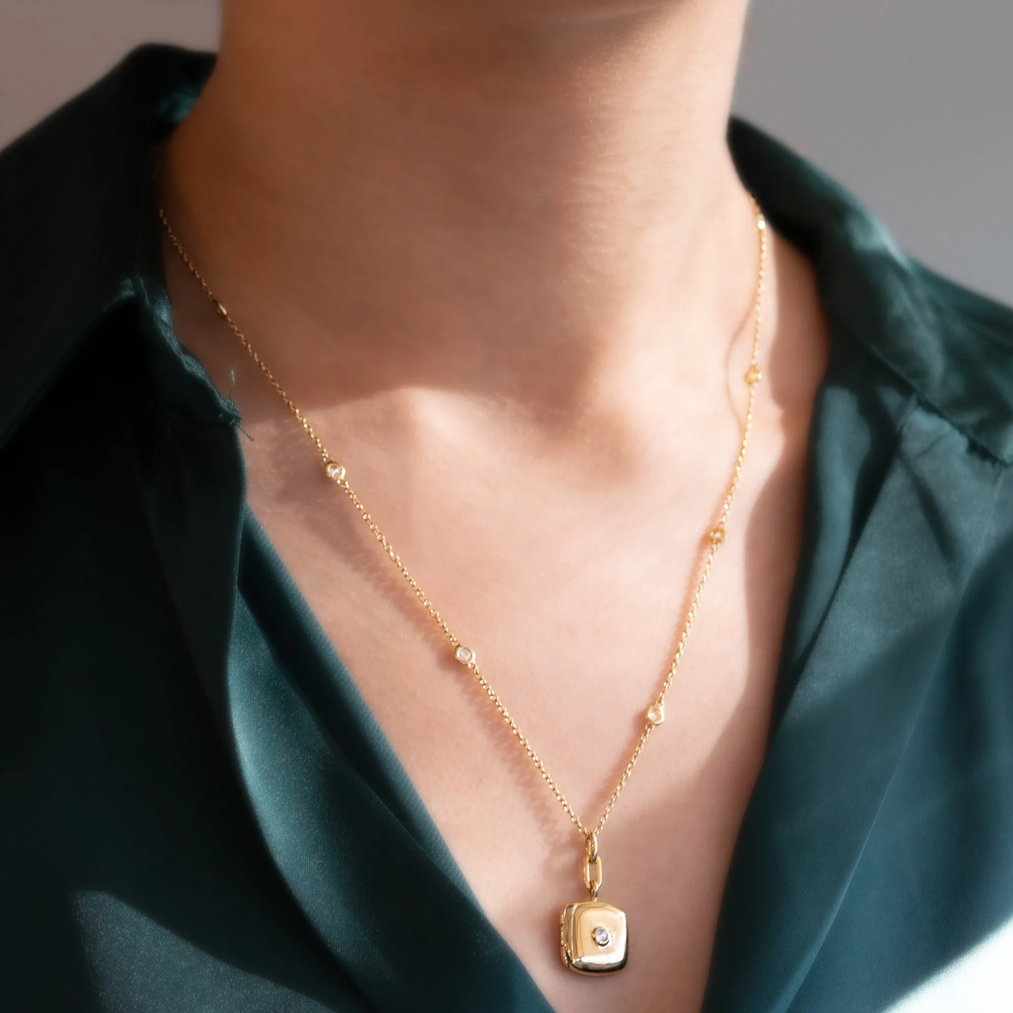 Slim “Viv” Locket Necklace with Diamond and Diamond Chain