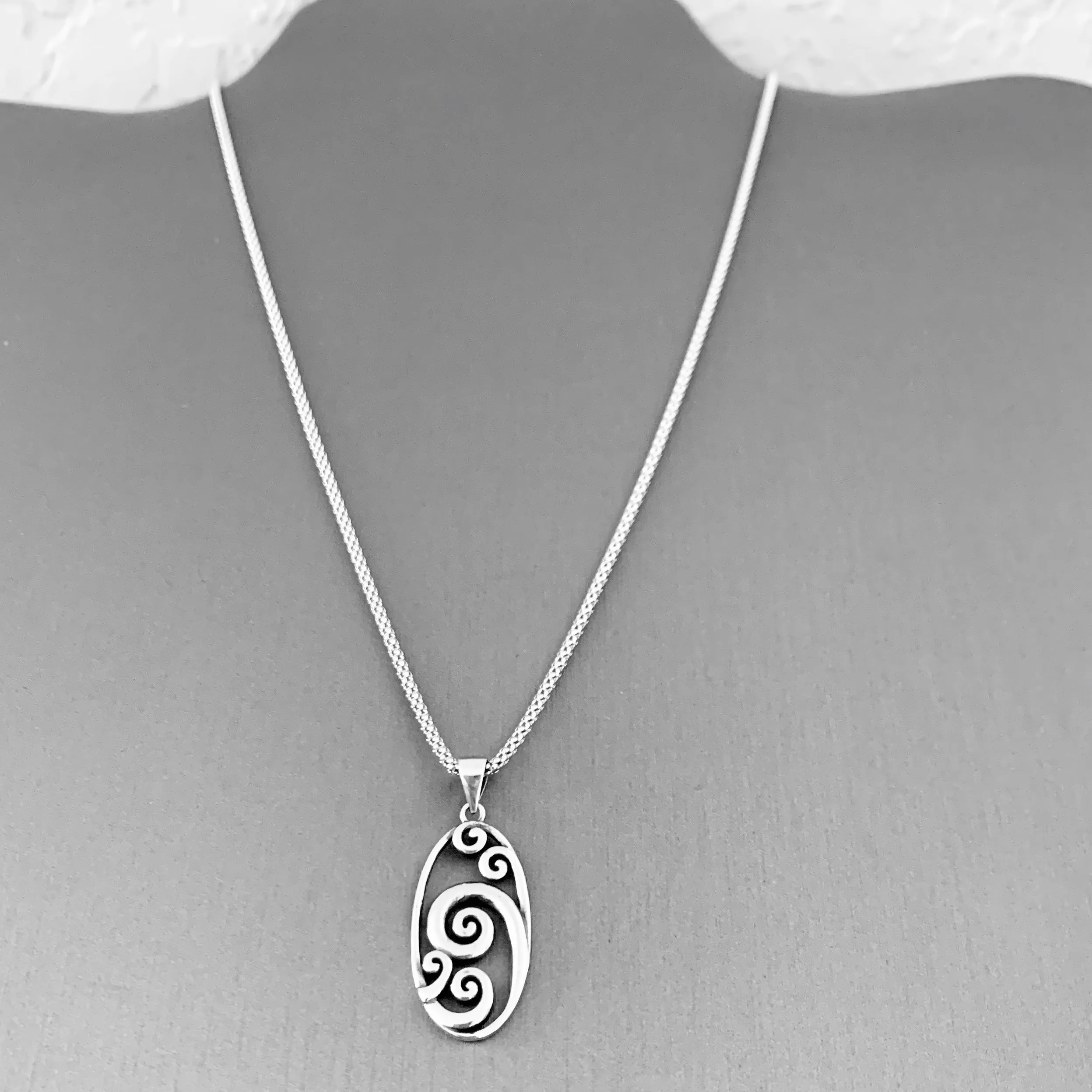 Sterling Silver Large Oval Waves Necklace, Silver Necklace, Wave Necklace, Ocean Necklace