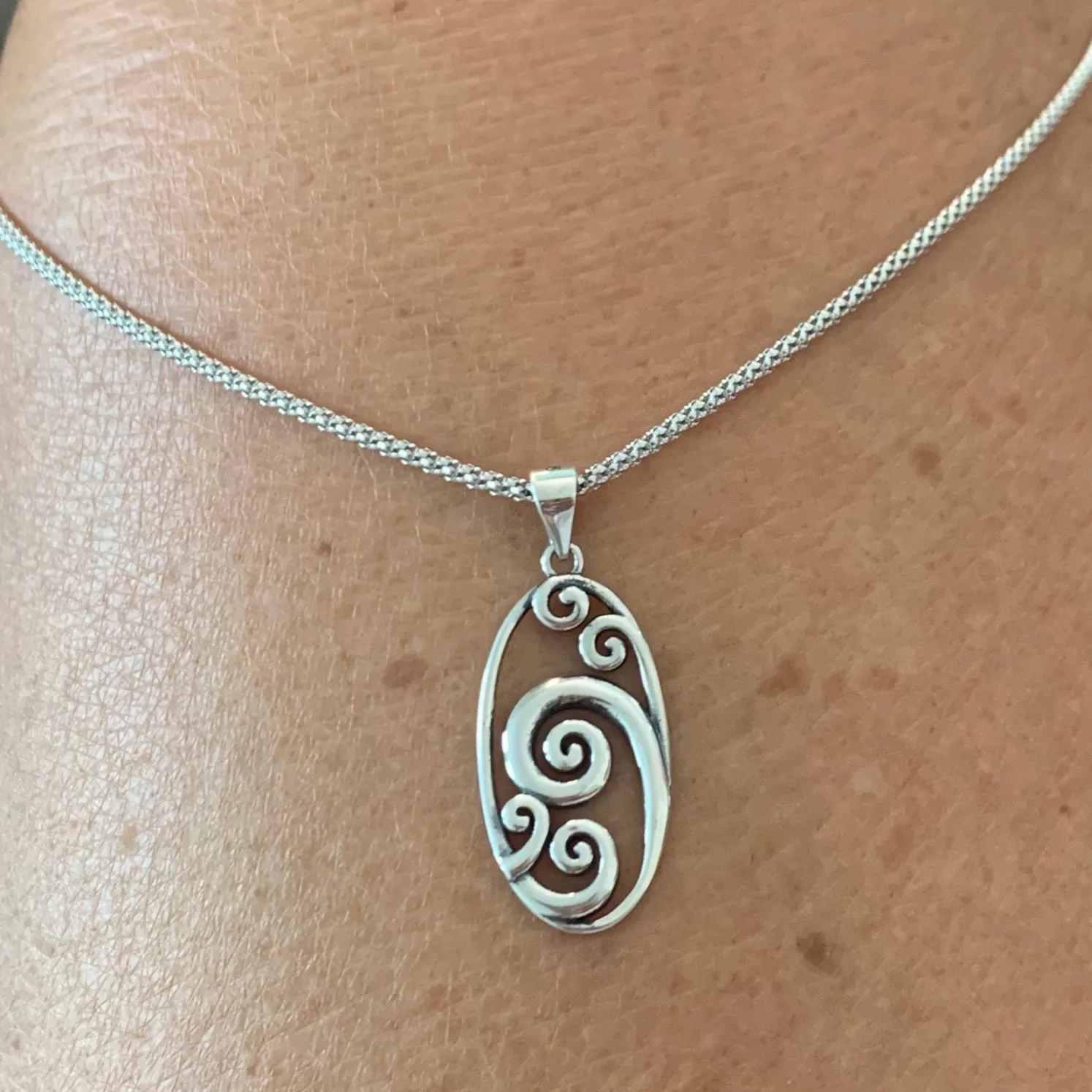 Sterling Silver Large Oval Waves Necklace, Silver Necklace, Wave Necklace, Ocean Necklace