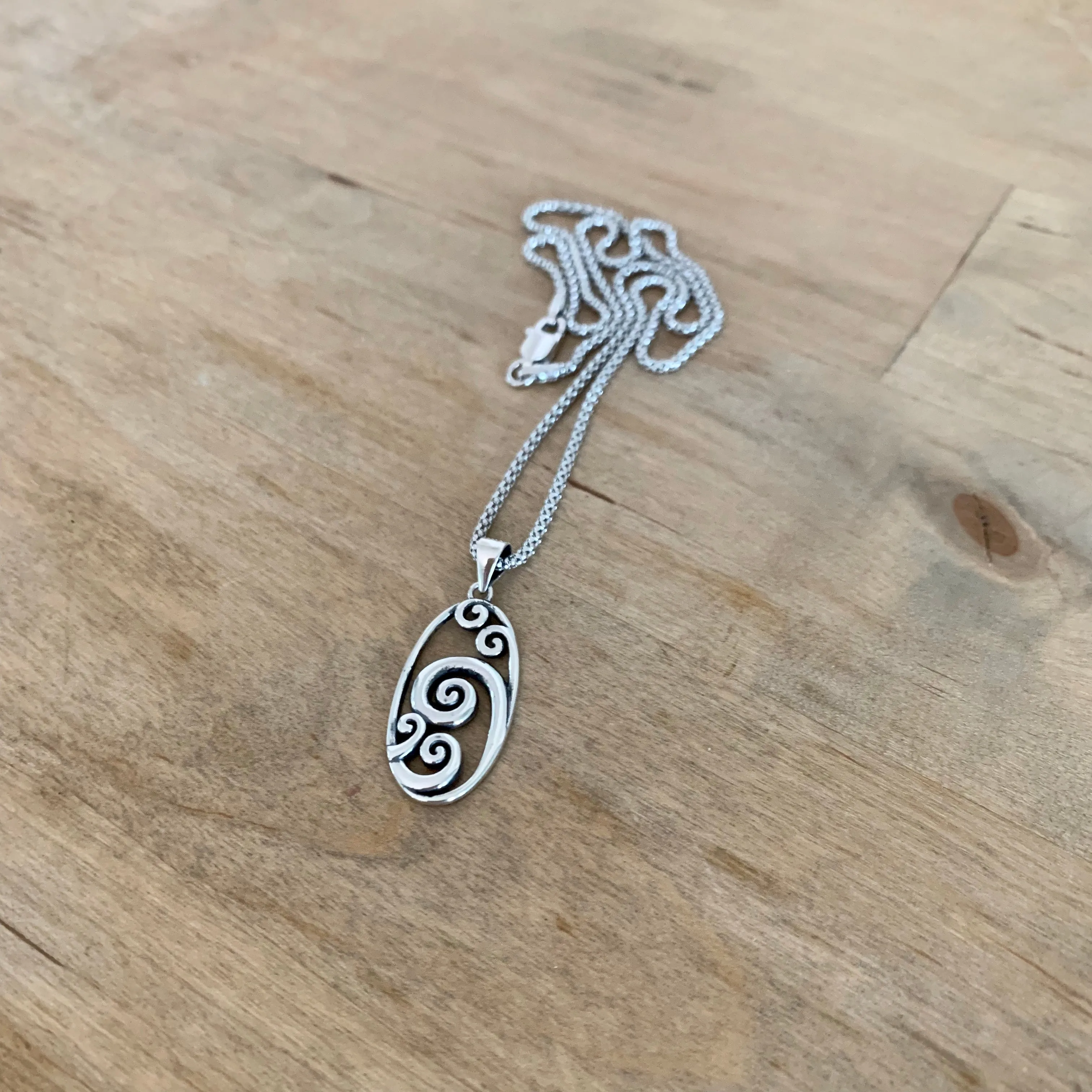 Sterling Silver Large Oval Waves Necklace, Silver Necklace, Wave Necklace, Ocean Necklace