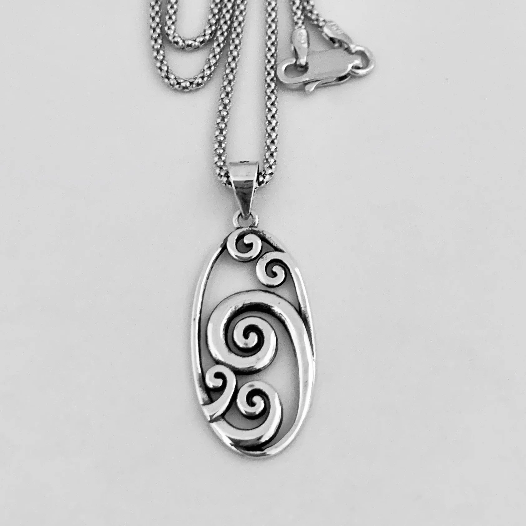Sterling Silver Large Oval Waves Necklace, Silver Necklace, Wave Necklace, Ocean Necklace