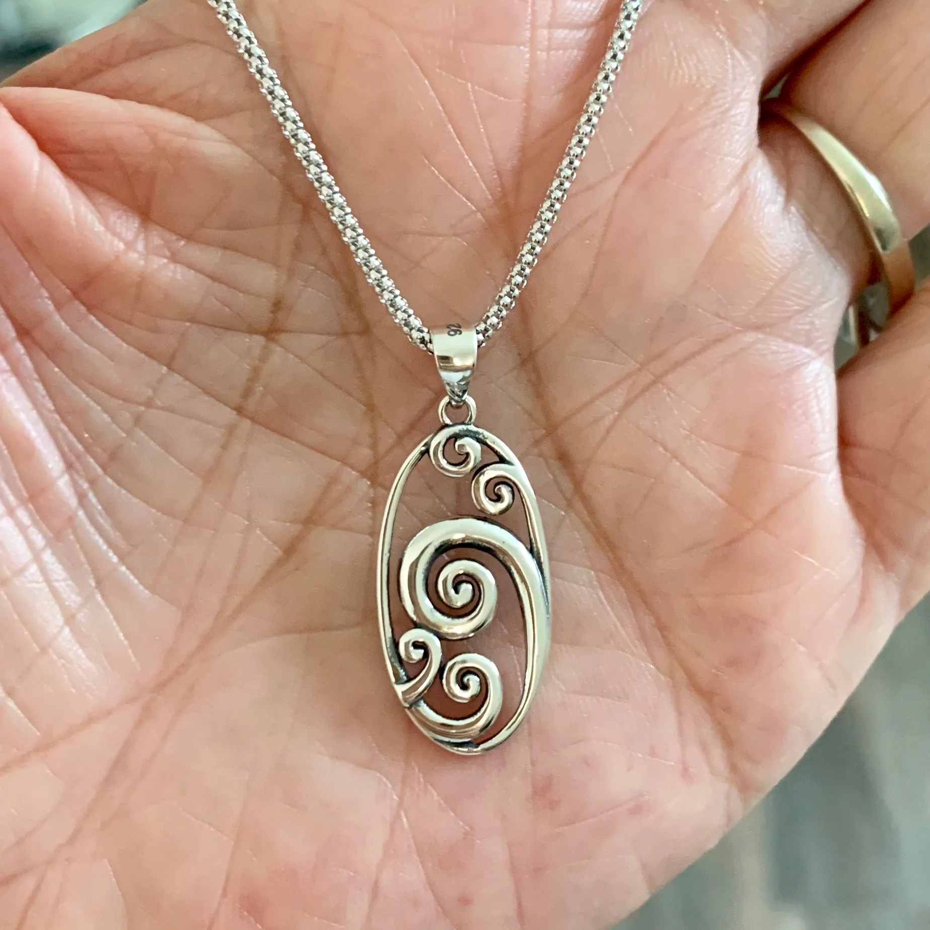 Sterling Silver Large Oval Waves Necklace, Silver Necklace, Wave Necklace, Ocean Necklace