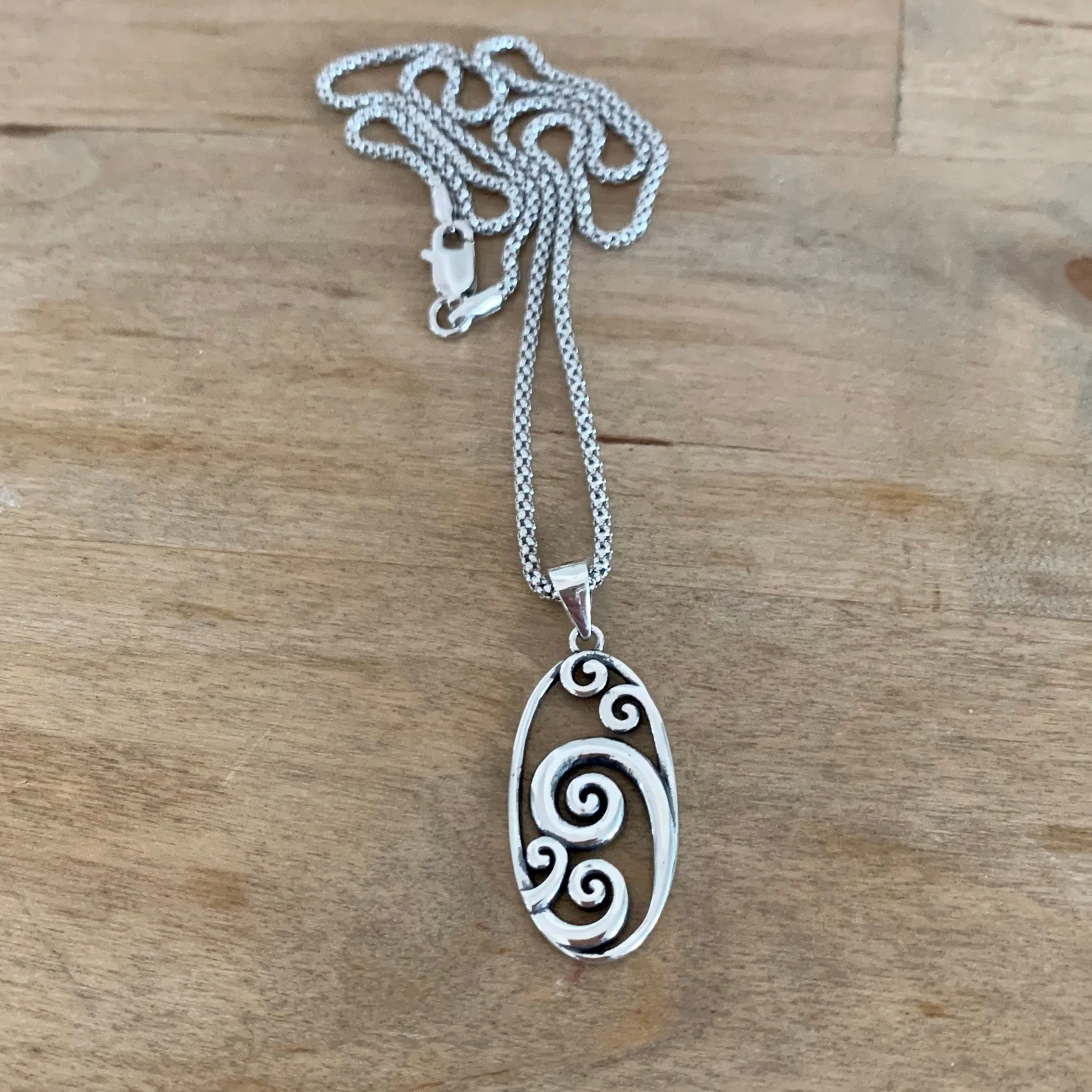 Sterling Silver Large Oval Waves Necklace, Silver Necklace, Wave Necklace, Ocean Necklace