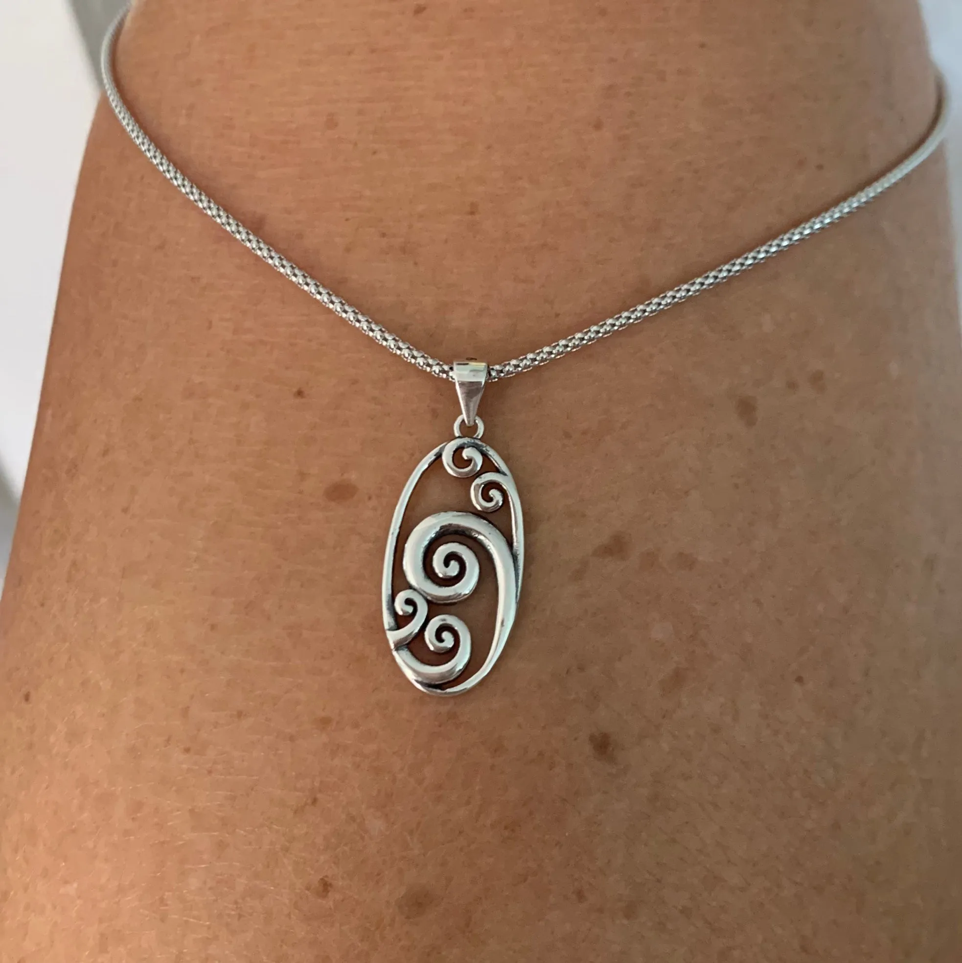Sterling Silver Large Oval Waves Necklace, Silver Necklace, Wave Necklace, Ocean Necklace