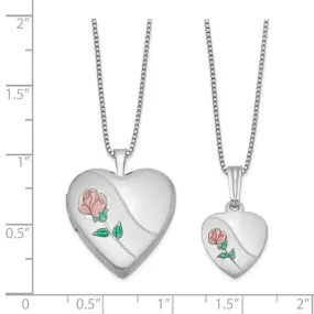 Sterling Silver Rhodium-plated Polished & Satin Enameled Rose Heart Mother & Daughter Locket & Pendant Necklace Set QLS441SET