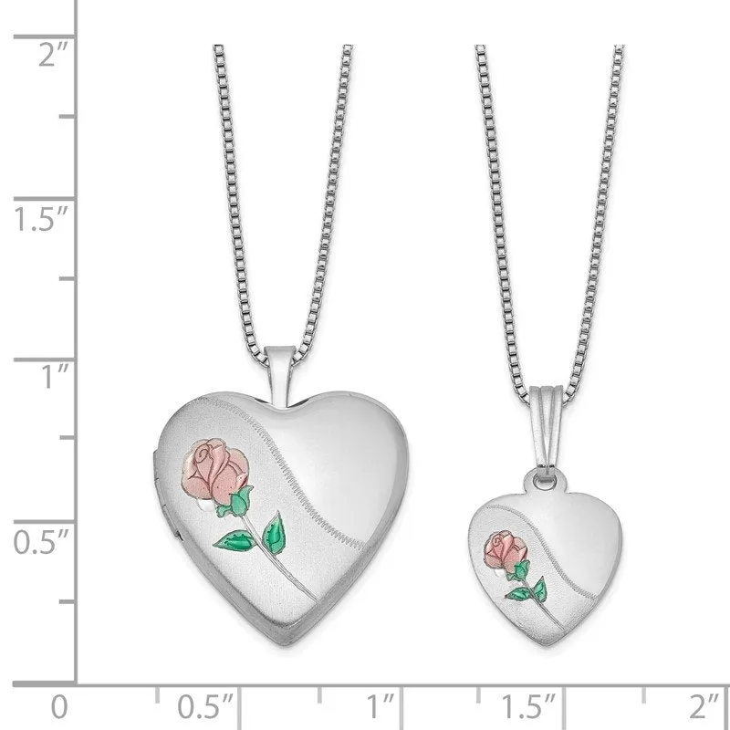 Sterling Silver Rhodium-plated Polished & Satin Enameled Rose Heart Mother & Daughter Locket & Pendant Necklace Set QLS441SET