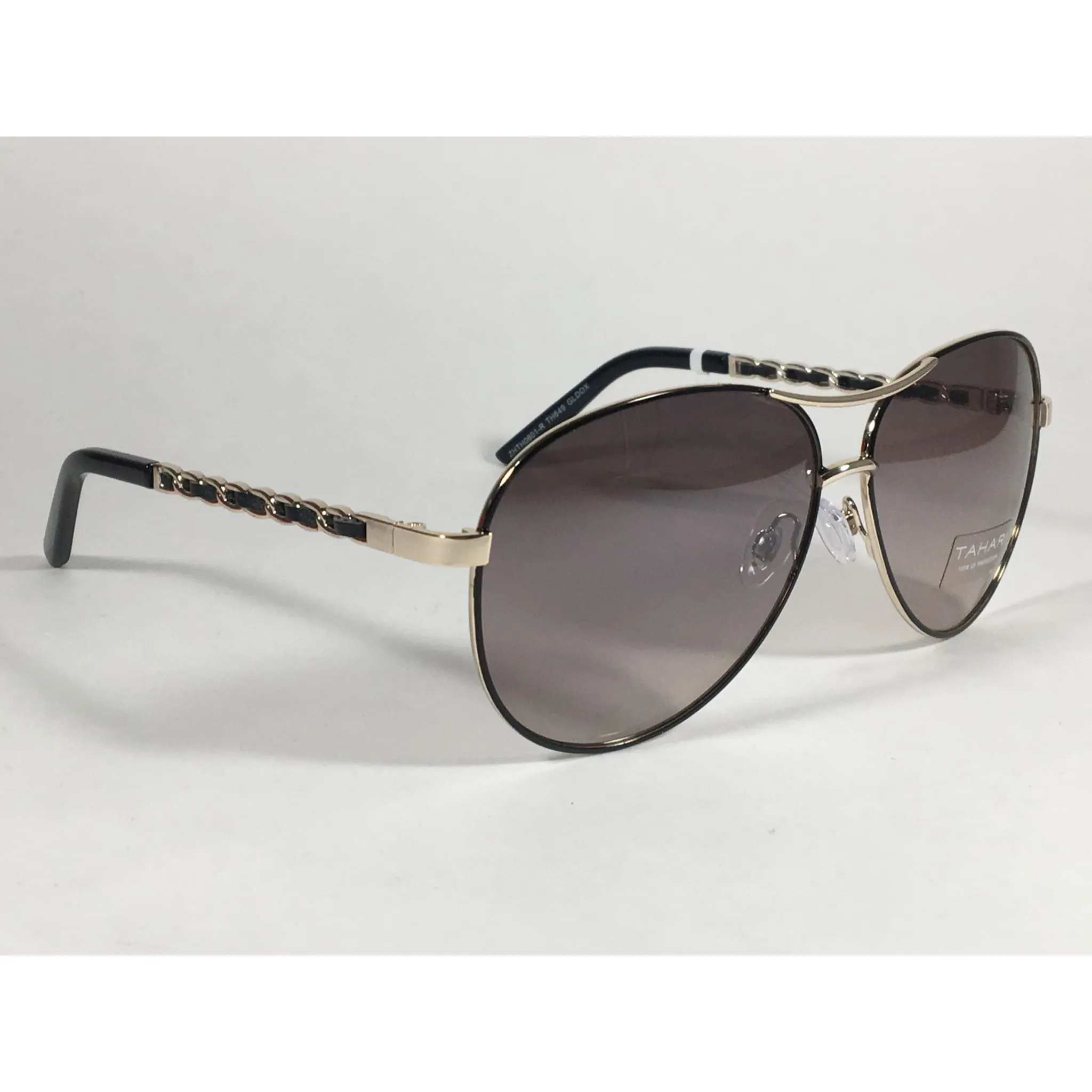 Tahari Aviator Sunglasses Gold Black Leather Chord Gray Gradient Lens TH649 GLDOX
