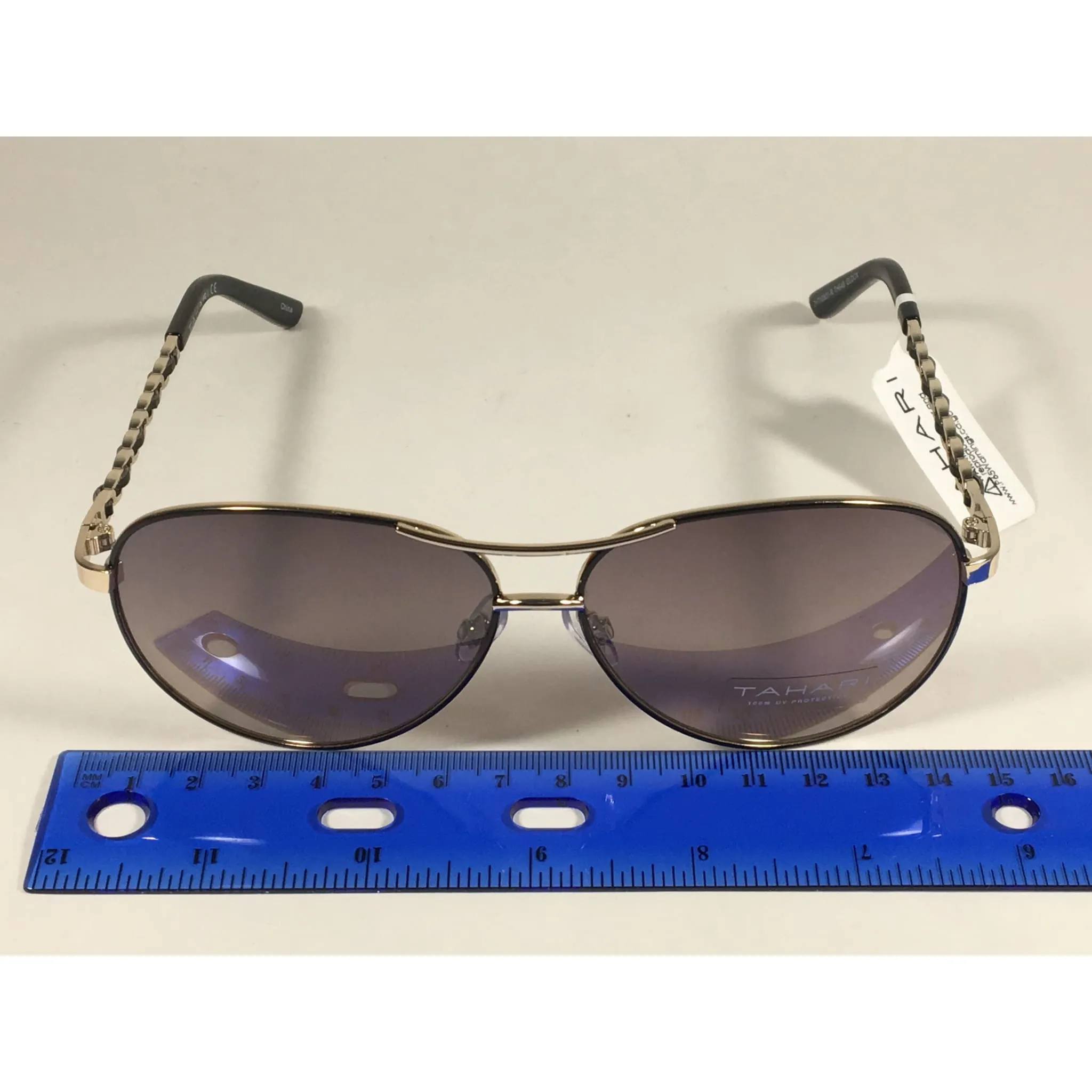 Tahari Aviator Sunglasses Gold Black Leather Chord Gray Gradient Lens TH649 GLDOX