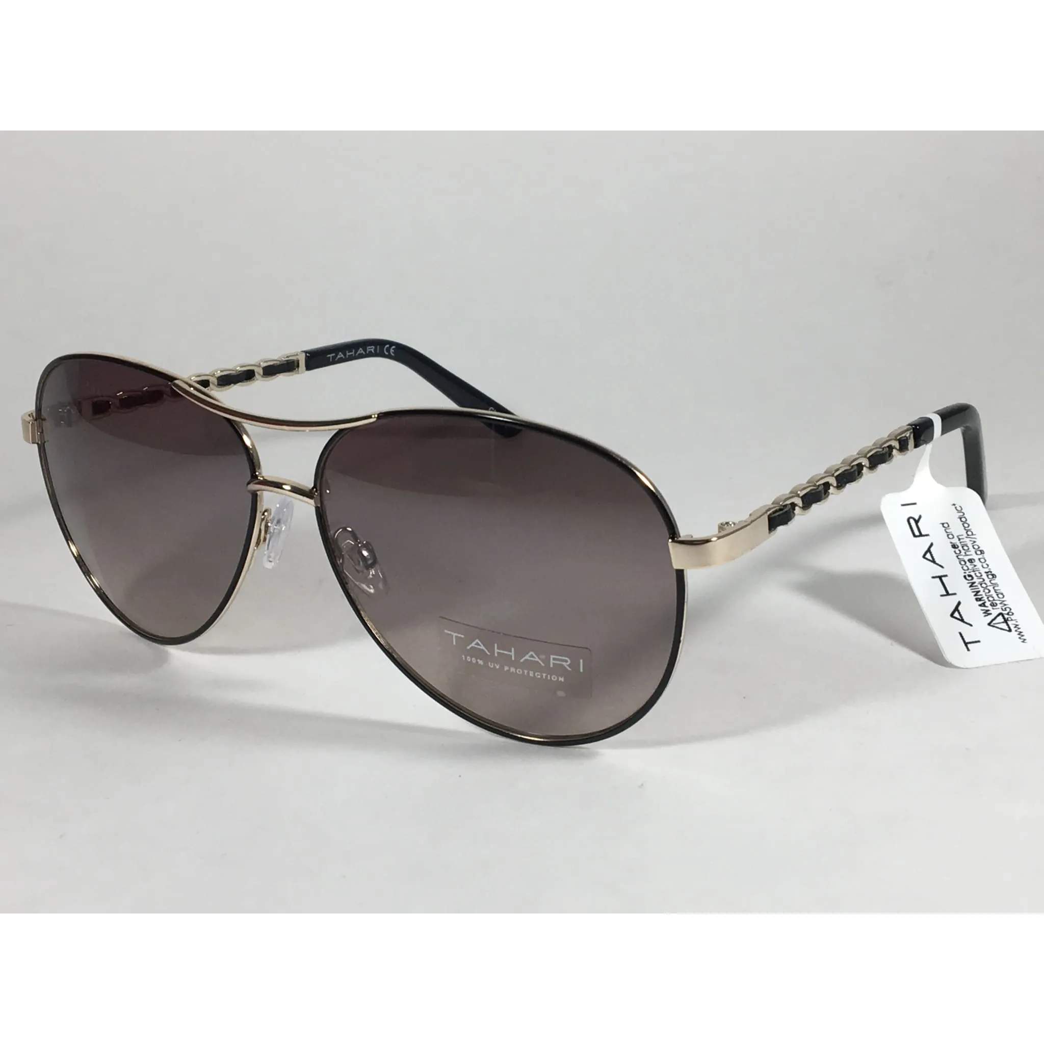 Tahari Aviator Sunglasses Gold Black Leather Chord Gray Gradient Lens TH649 GLDOX