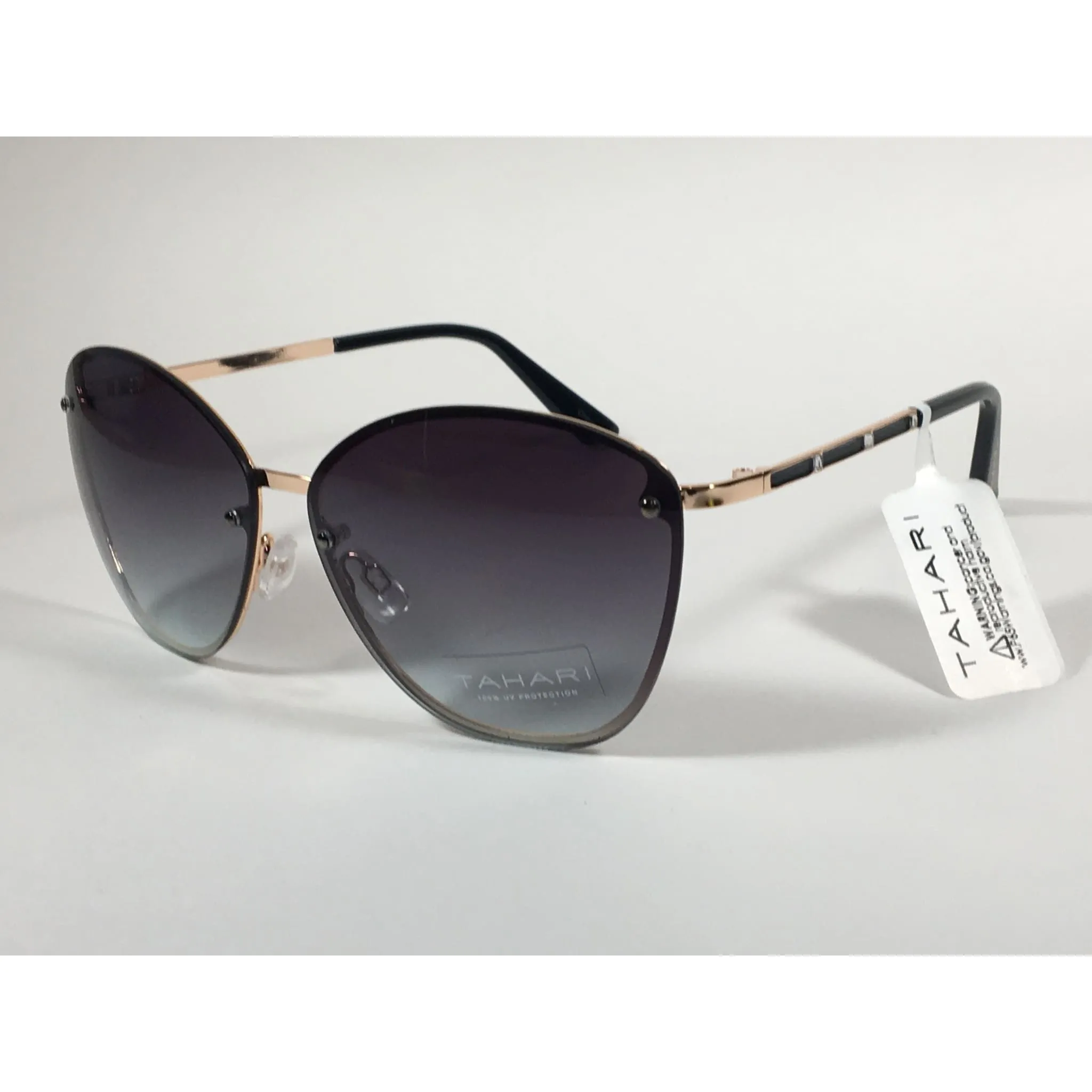 Tahari Rimless Cat Eye Sunglasses Black Gold Green Gray Gradient Lens TH652 GLDOX