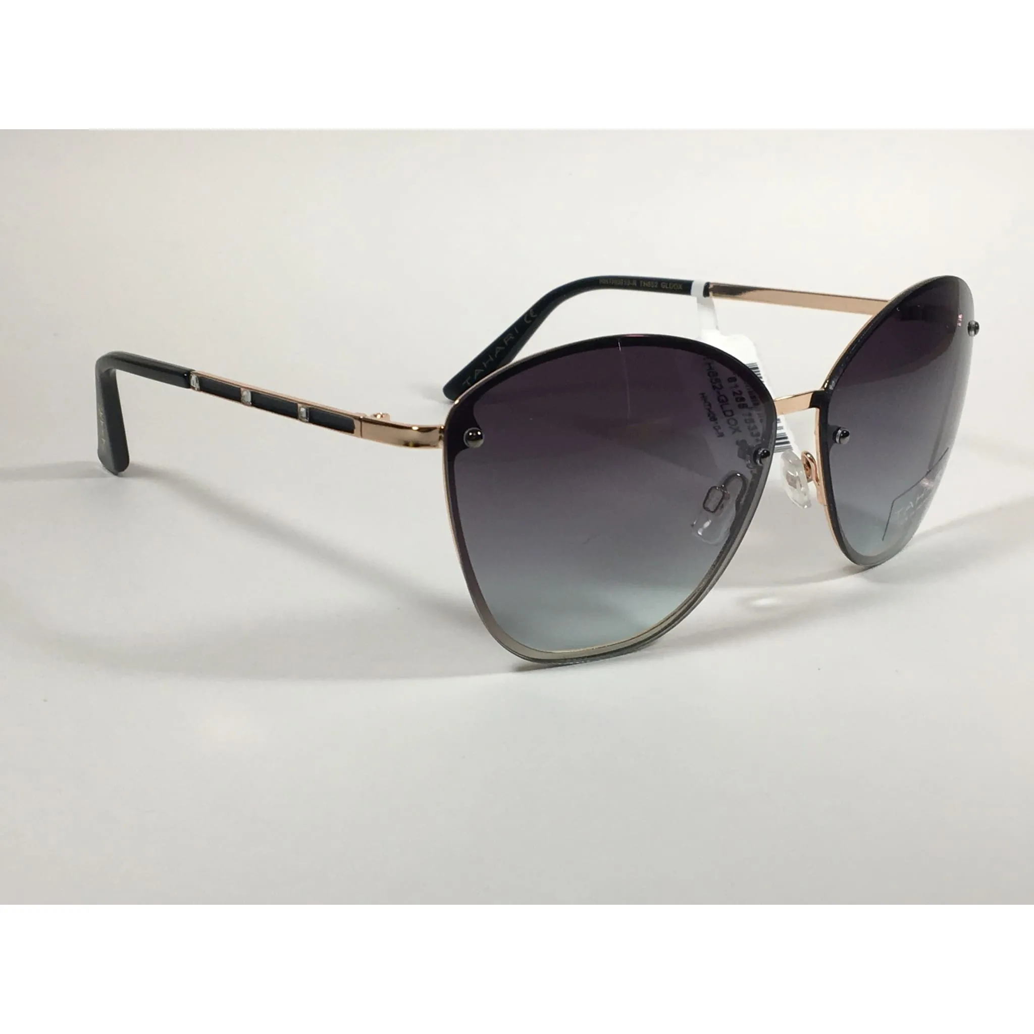 Tahari Rimless Cat Eye Sunglasses Black Gold Green Gray Gradient Lens TH652 GLDOX