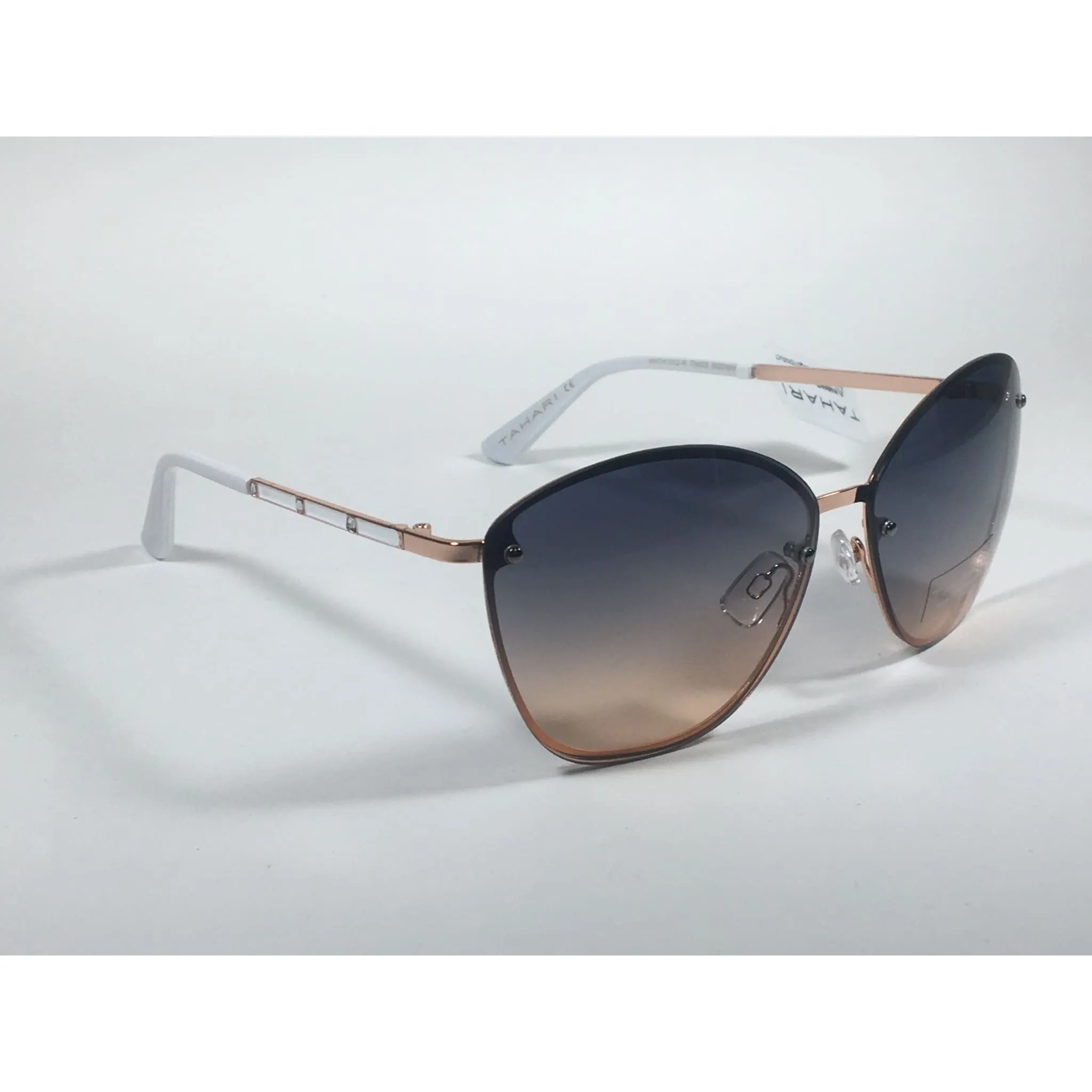Tahari Rimless Cat Eye Sunglasses Rose Gold White Blue Gradient Lens TH652 RGDWH