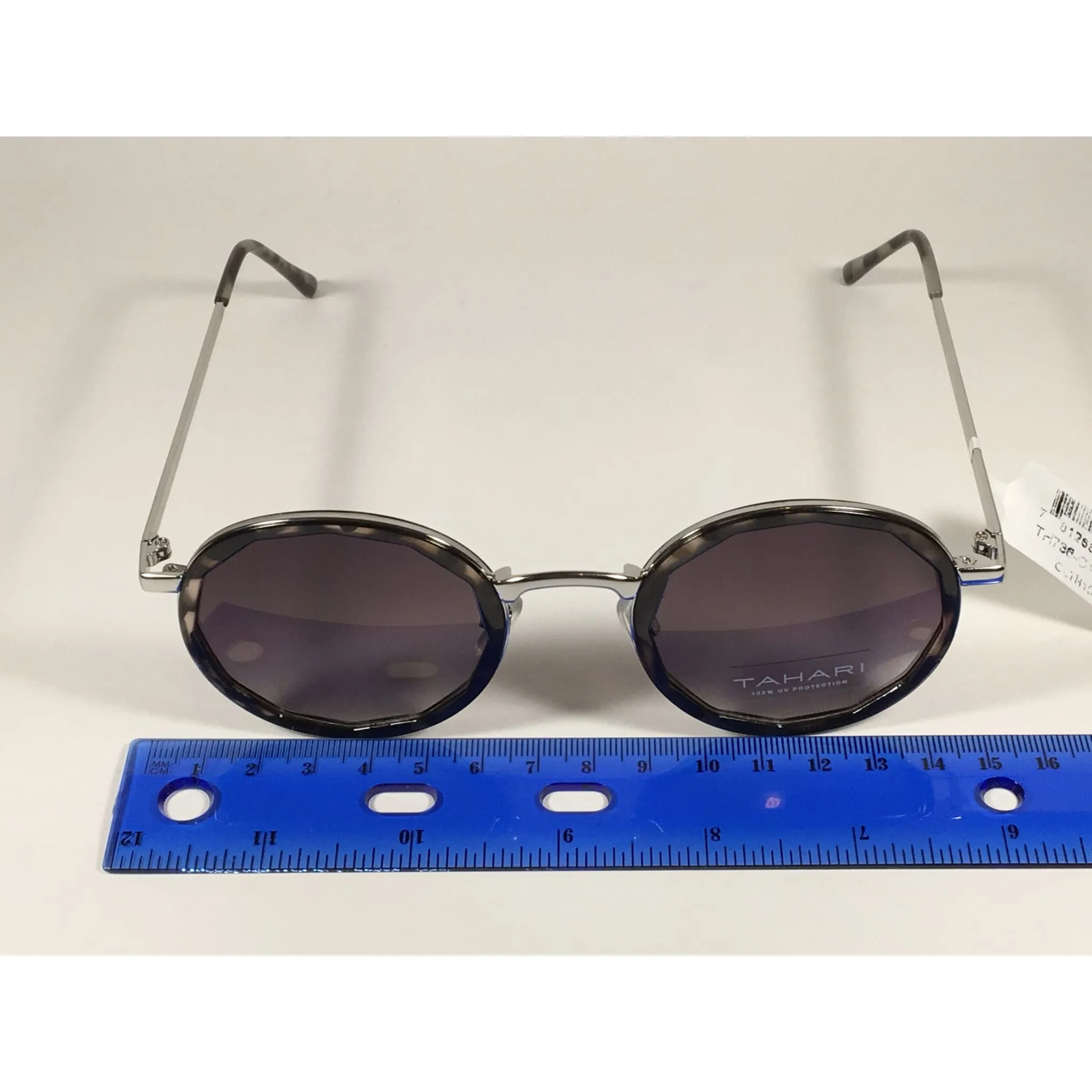 Tahari Round Polygon Sunglasses Silver Metal Gray Marble Gray Gradient Lens TH736 OAT