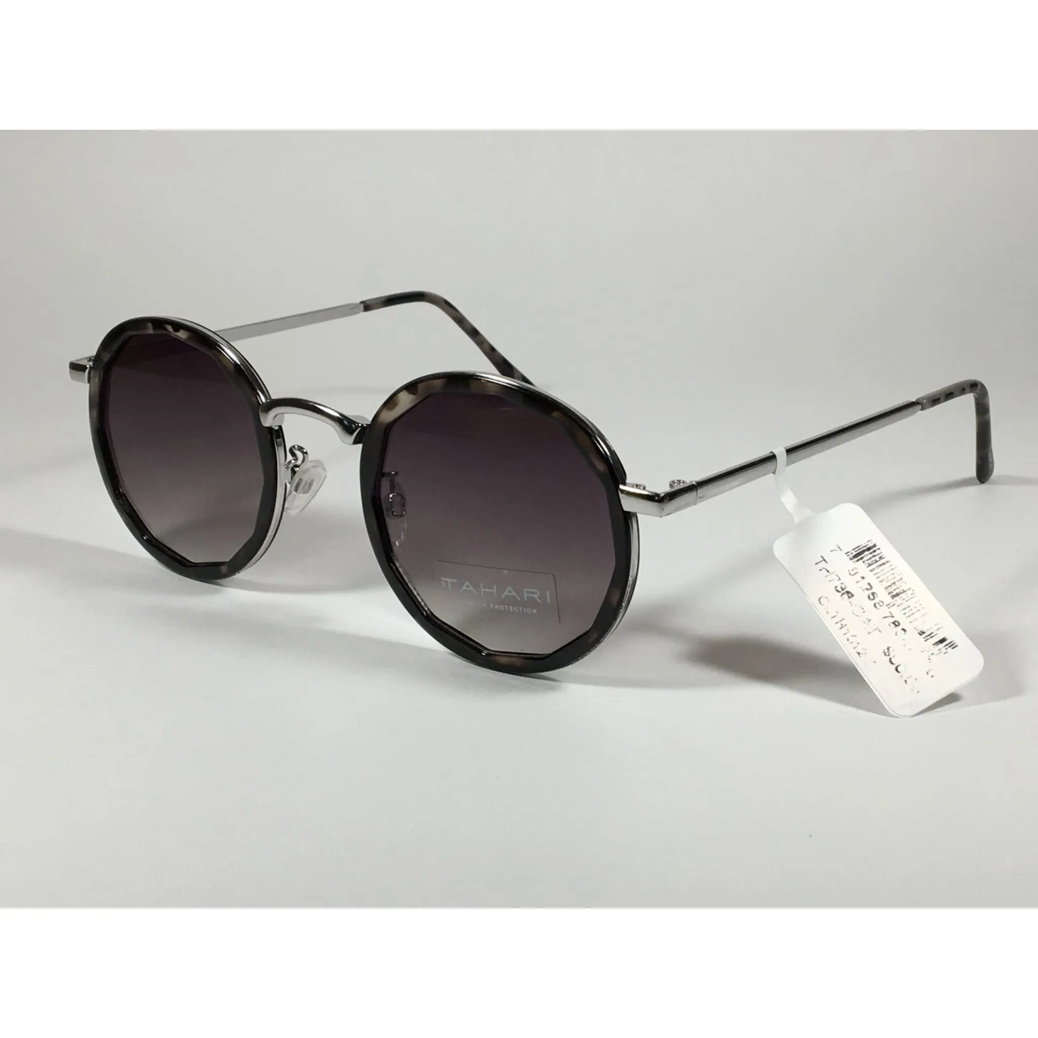 Tahari Round Polygon Sunglasses Silver Metal Gray Marble Gray Gradient Lens TH736 OAT