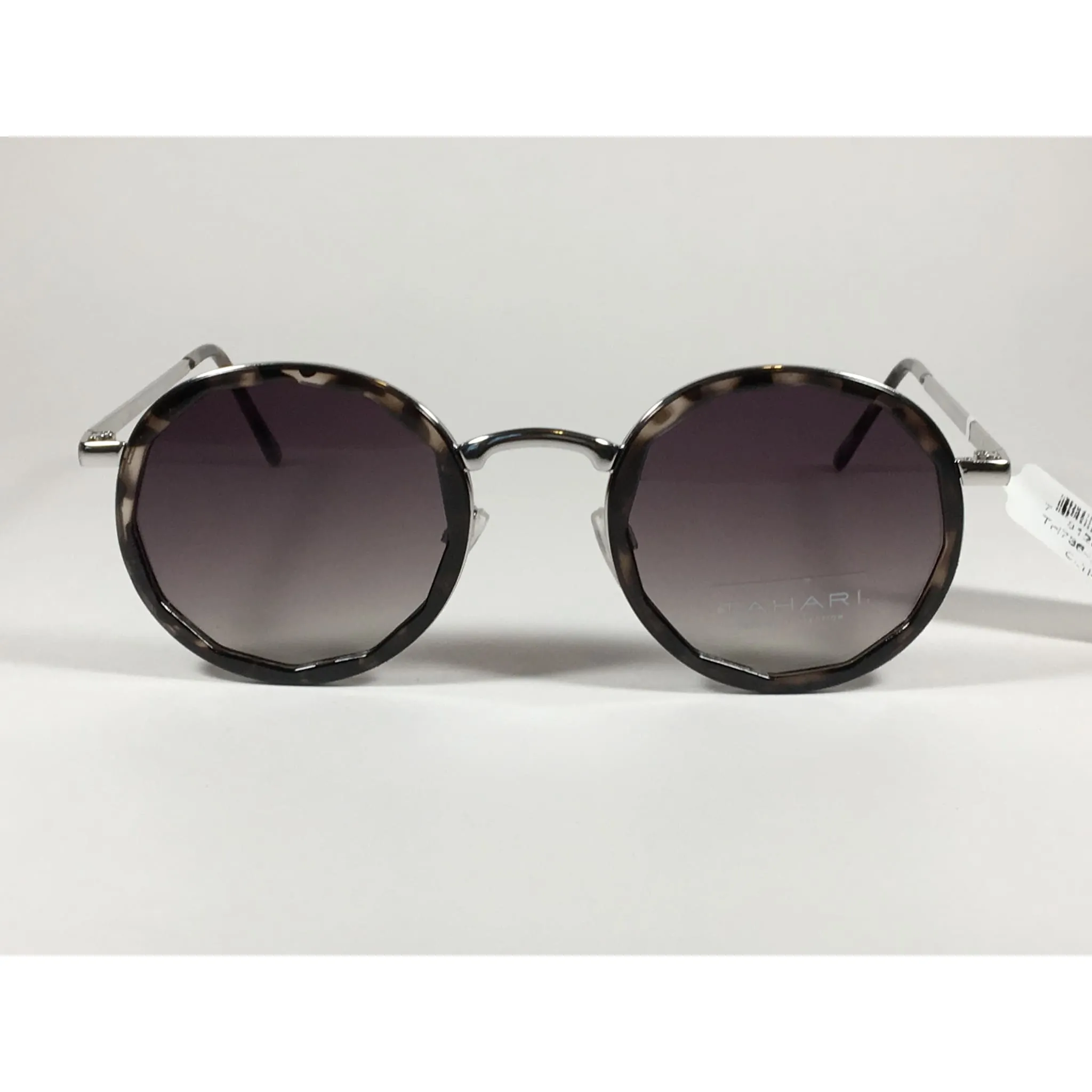 Tahari Round Polygon Sunglasses Silver Metal Gray Marble Gray Gradient Lens TH736 OAT