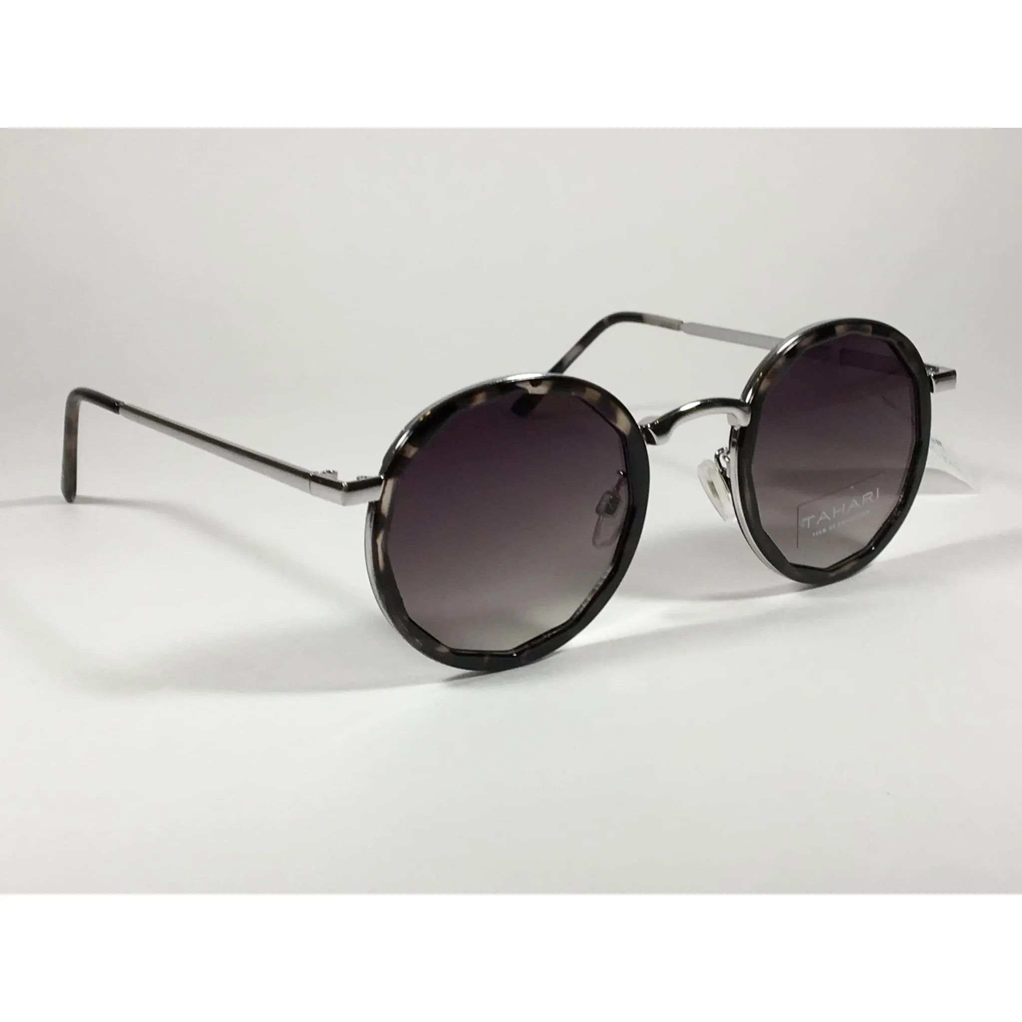 Tahari Round Polygon Sunglasses Silver Metal Gray Marble Gray Gradient Lens TH736 OAT