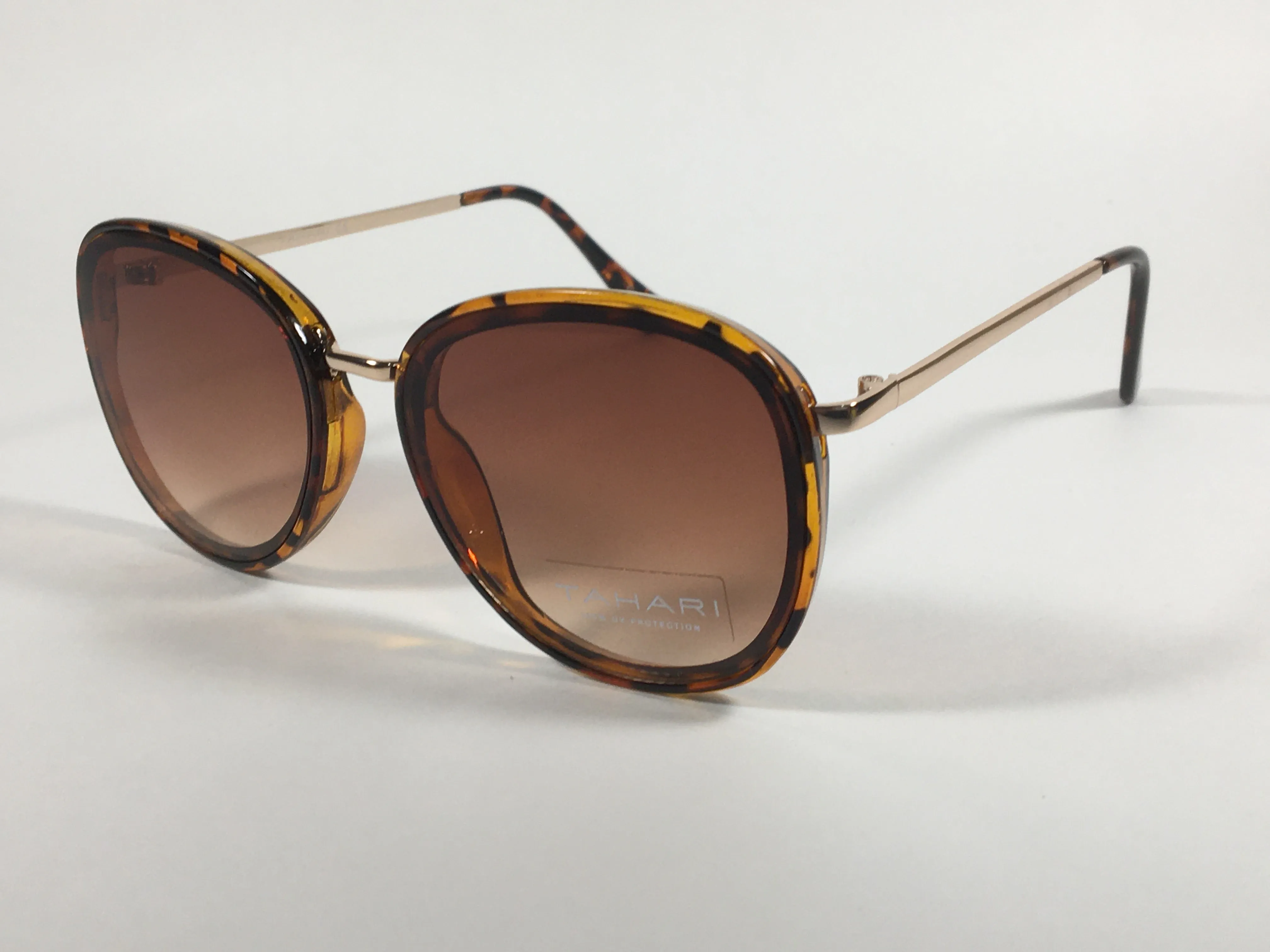 Tahari Rounded Aviator Sunglasses Brown Tortoise And Gold Frame Brown Gradient Lens TH734 TSGLD