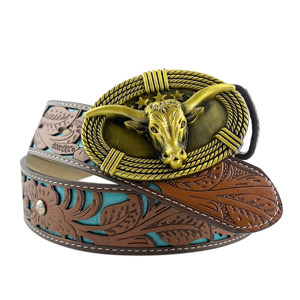 TOPACC Western Turquoise Belts - Cute Longhorn Cow Belt Buckle Copper/Bronze