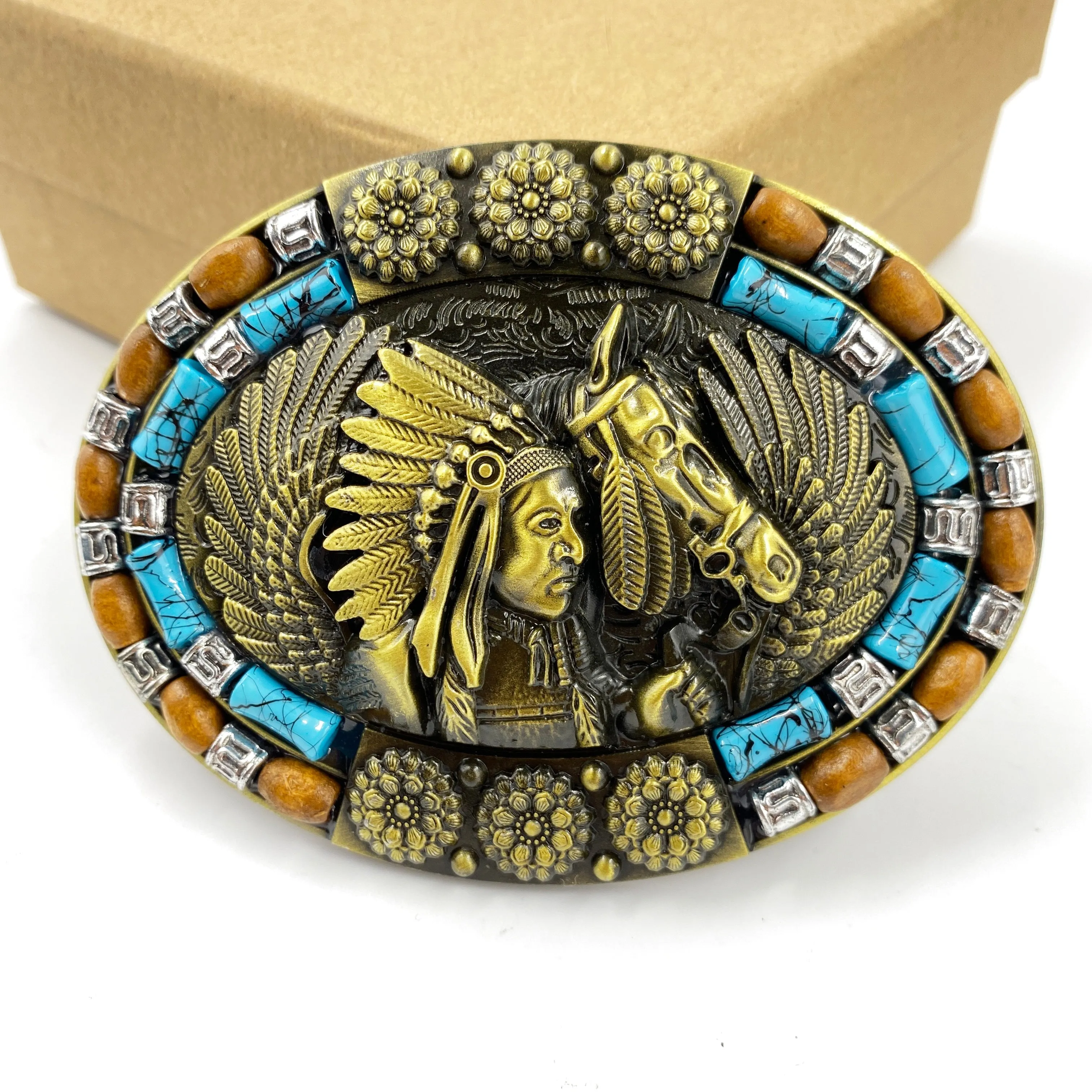 TOPACC Western Turquoise Indians Horse Belt Buckle Copper/Bronze