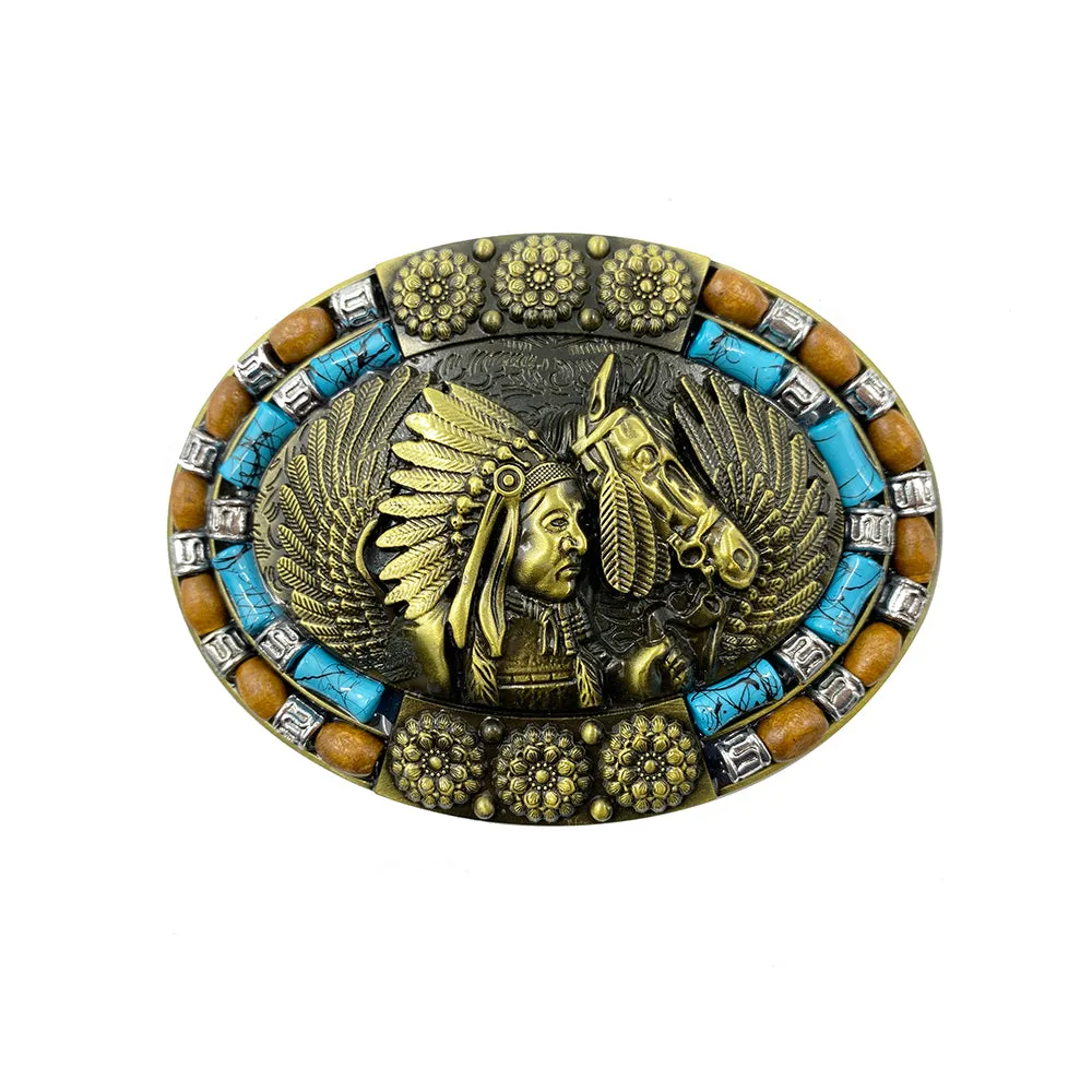 TOPACC Western Turquoise Indians Horse Belt Buckle Copper/Bronze