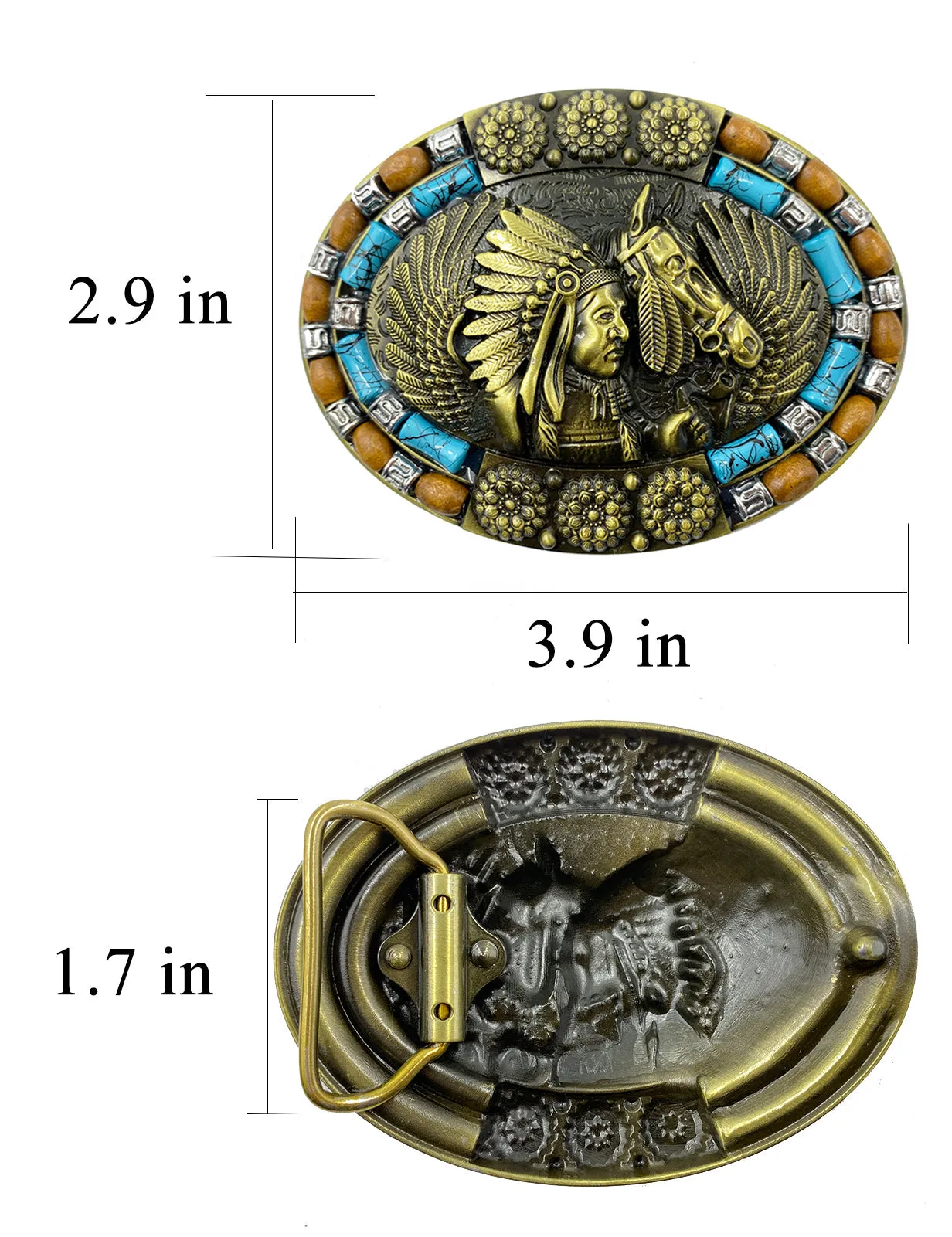TOPACC Western Turquoise Indians Horse Belt Buckle Copper/Bronze