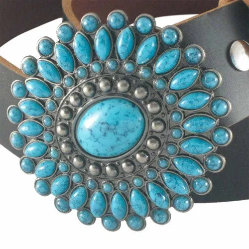 Turquoise Encrusted Medallion Brushed Silver Women's Belt Buckle