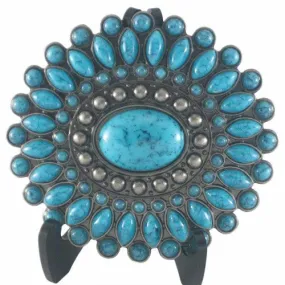 Turquoise Encrusted Medallion Brushed Silver Women's Belt Buckle