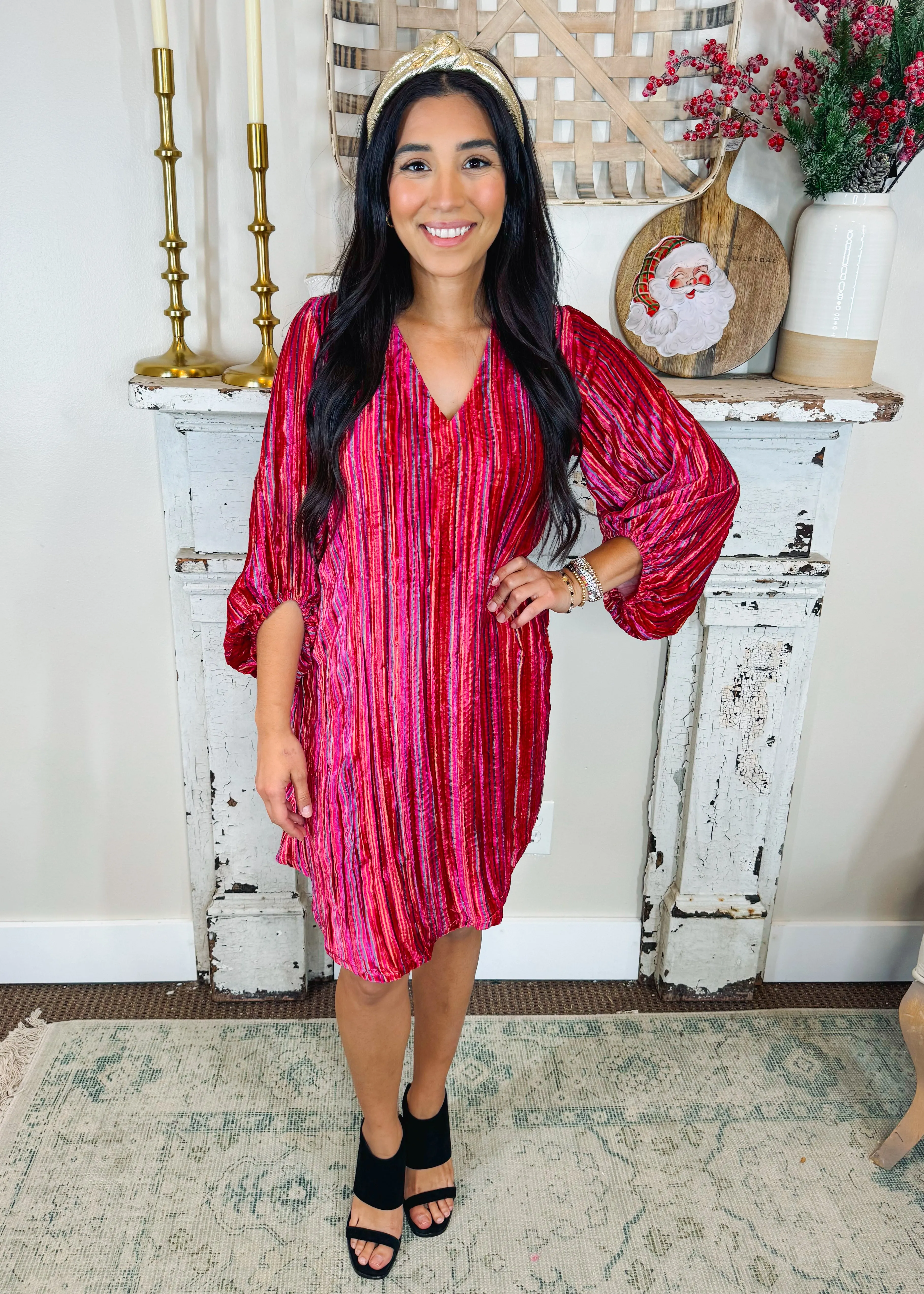 V-Neck Velvet Striped Dress