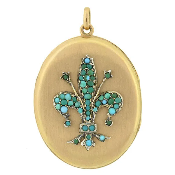 Victorian 14kt Large Fleur-De-Lys Turquoise Locket