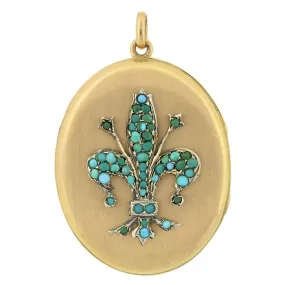 Victorian 14kt Large Fleur-De-Lys Turquoise Locket