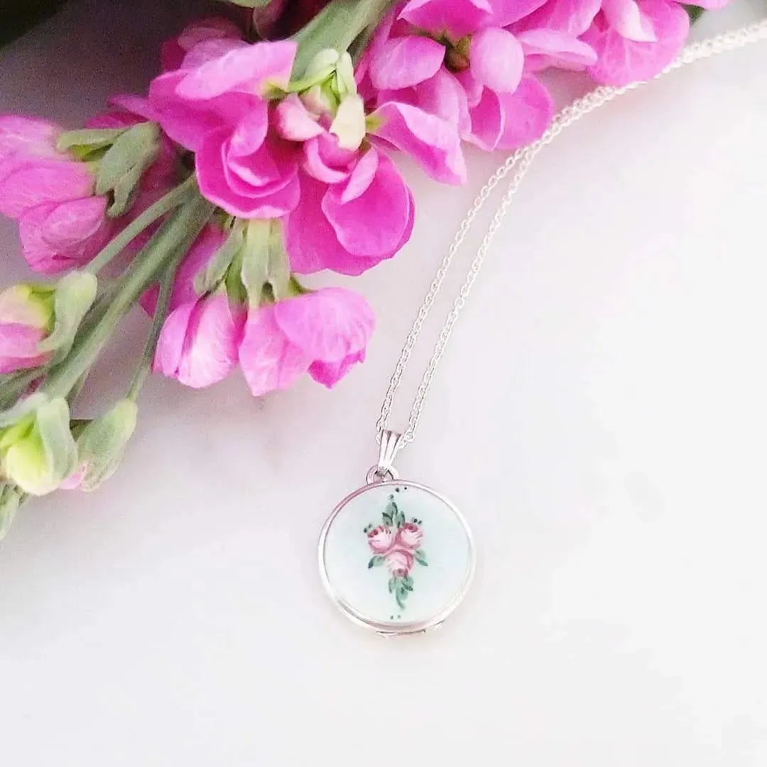 Vintage 1920s Art Deco Enamel Rose Silver Locket Necklace