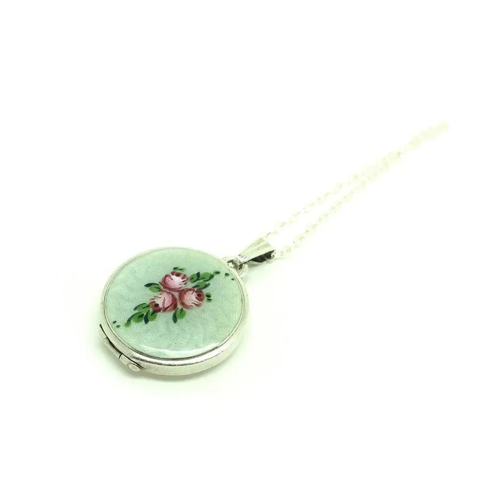 Vintage 1920s Art Deco Enamel Rose Silver Locket Necklace
