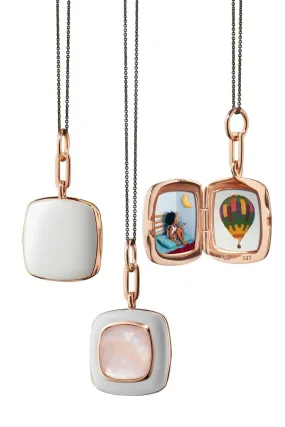 White Enamel Vermeil Cushion Locket with Pink Mother of Pearl
